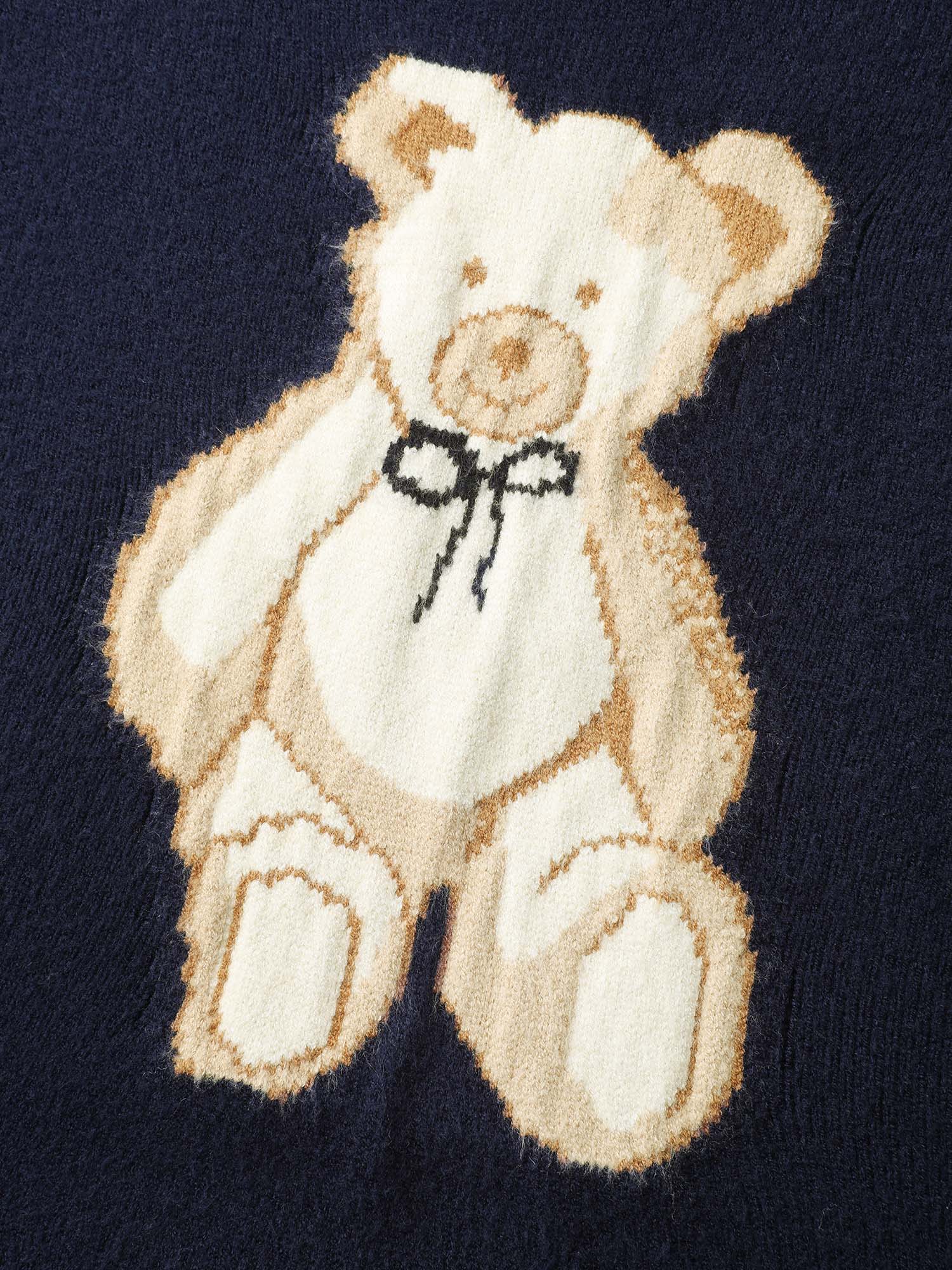 Bear Motif Jacquard Color Contrast Pullover - Image 5