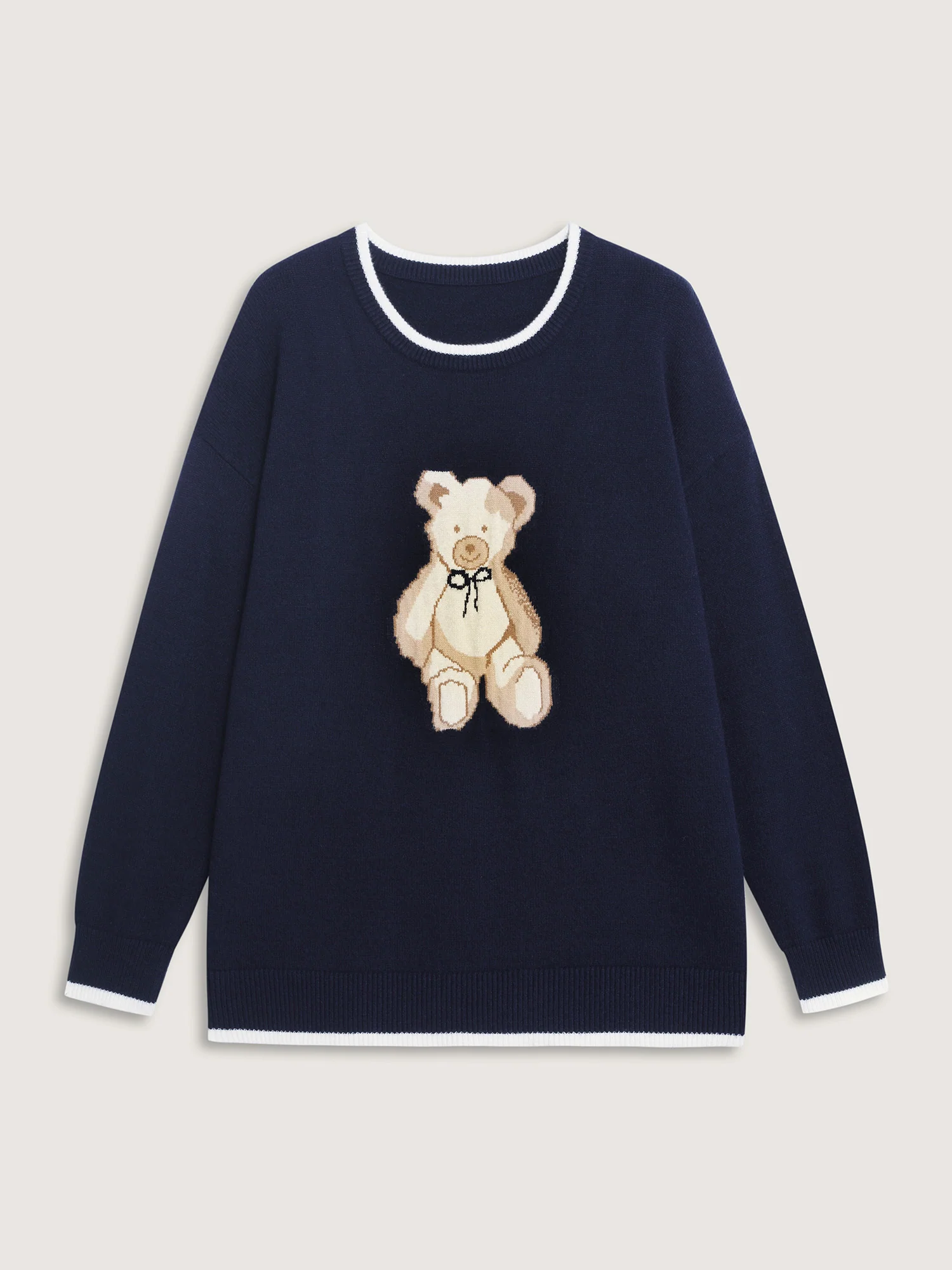 Bear Motif Jacquard Color Contrast Pullover - Image 7