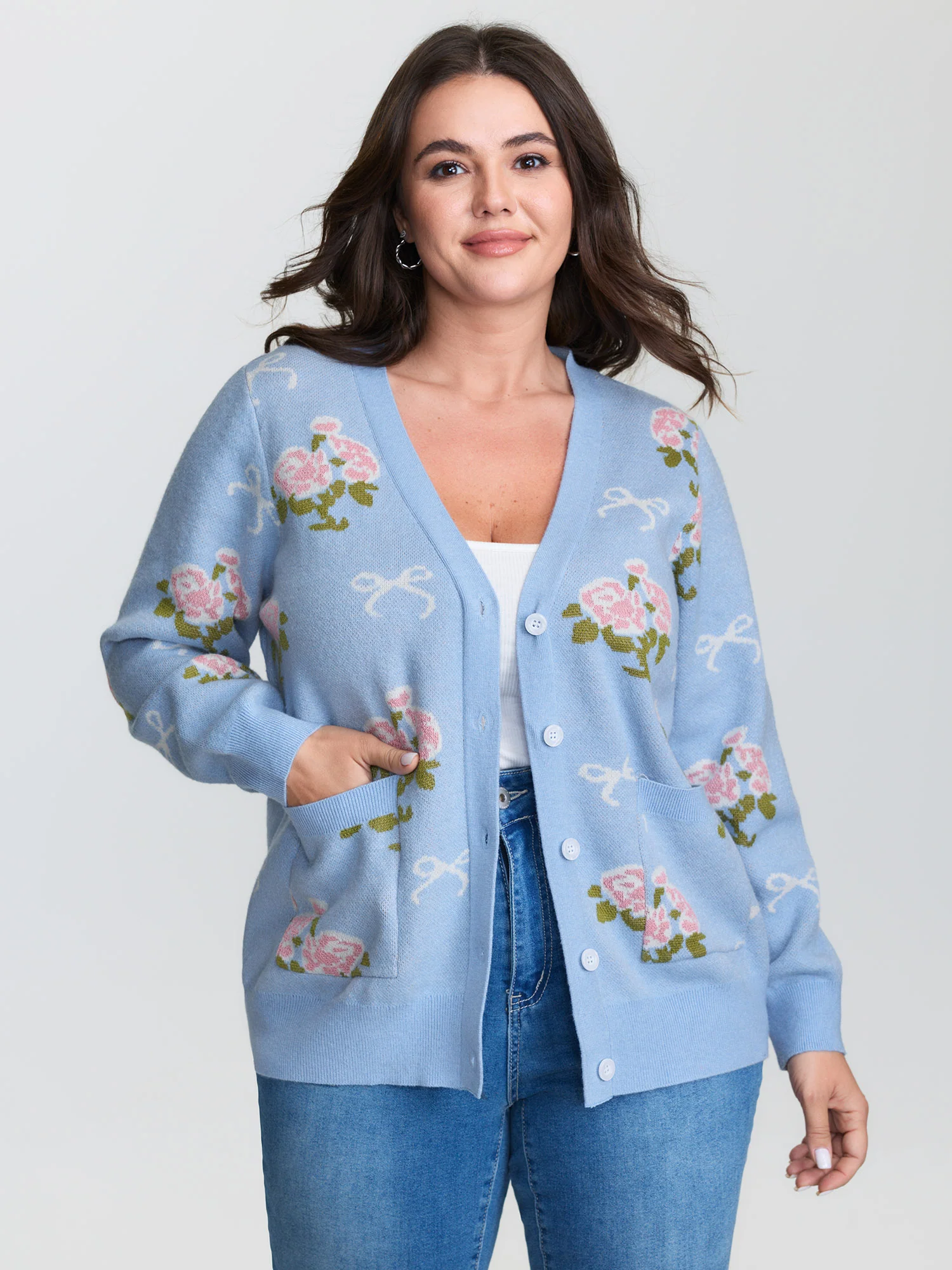 Beautiful Floral Bow Pattern Jacquard Knit Cardigan - Image 2