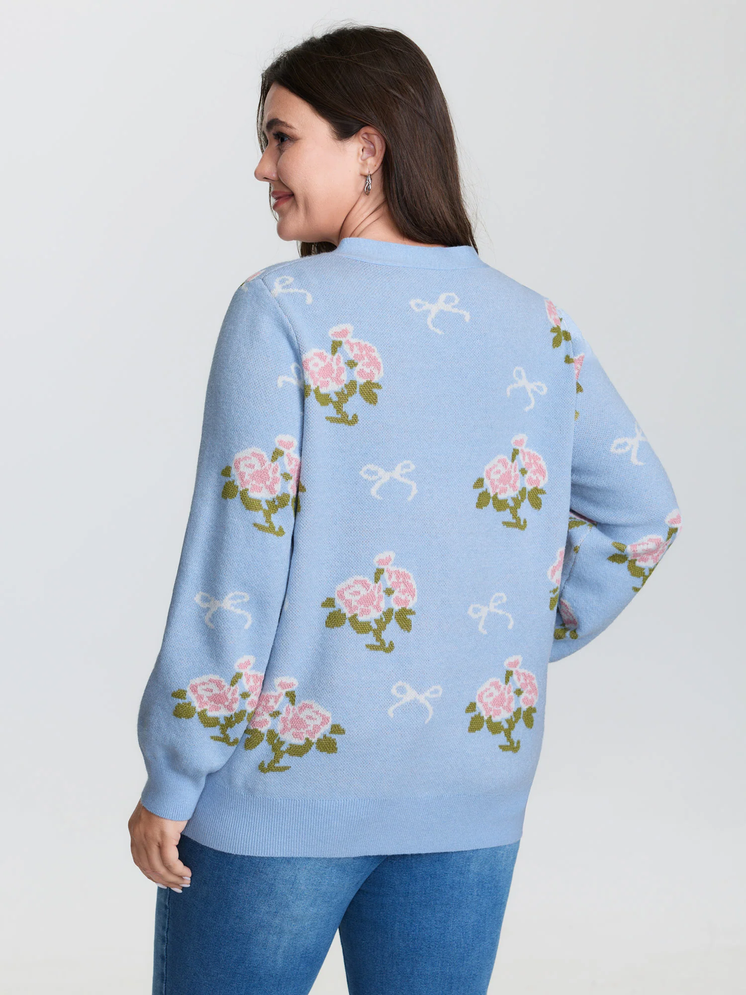 Beautiful Floral Bow Pattern Jacquard Knit Cardigan - Image 5