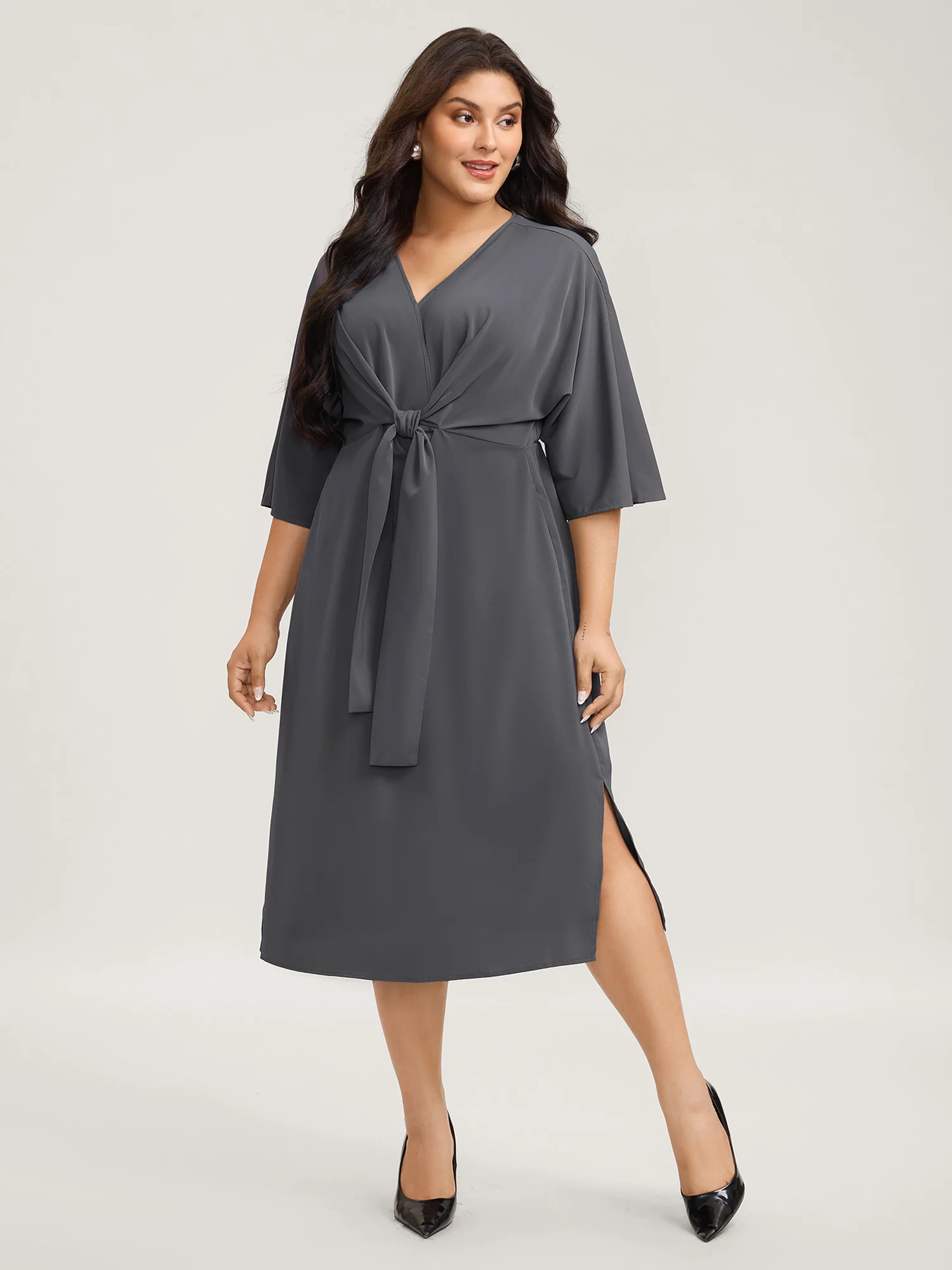 Belt Knotted-Front Waist-Cinching Midi Dress - Image 3