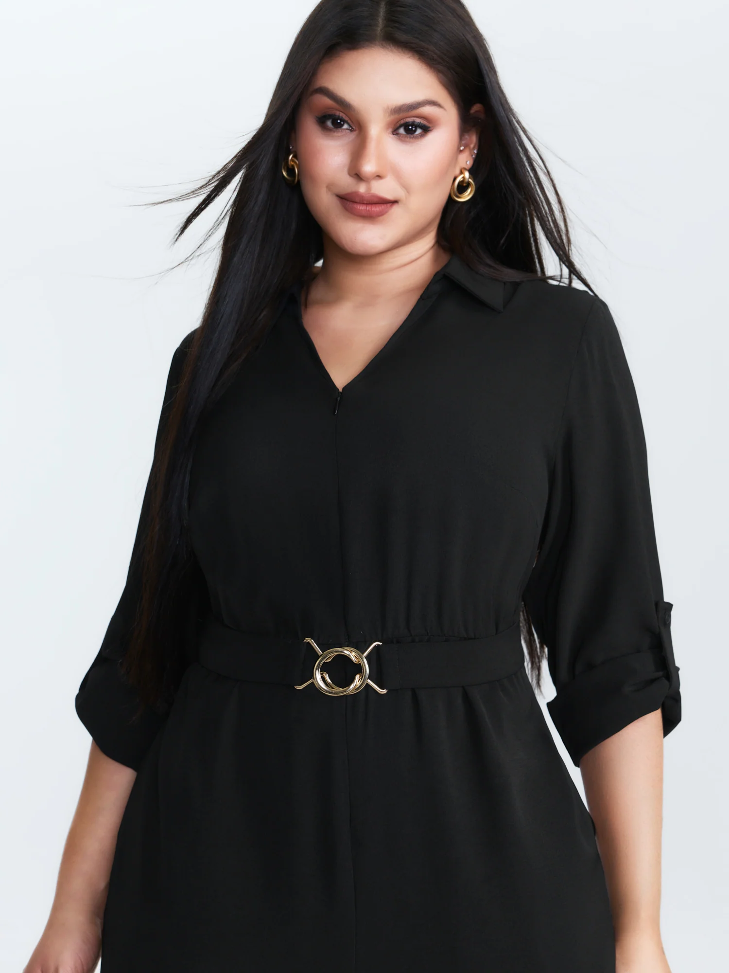 Belted Collar Stretchy Waist Jumpsuit - Image 2
