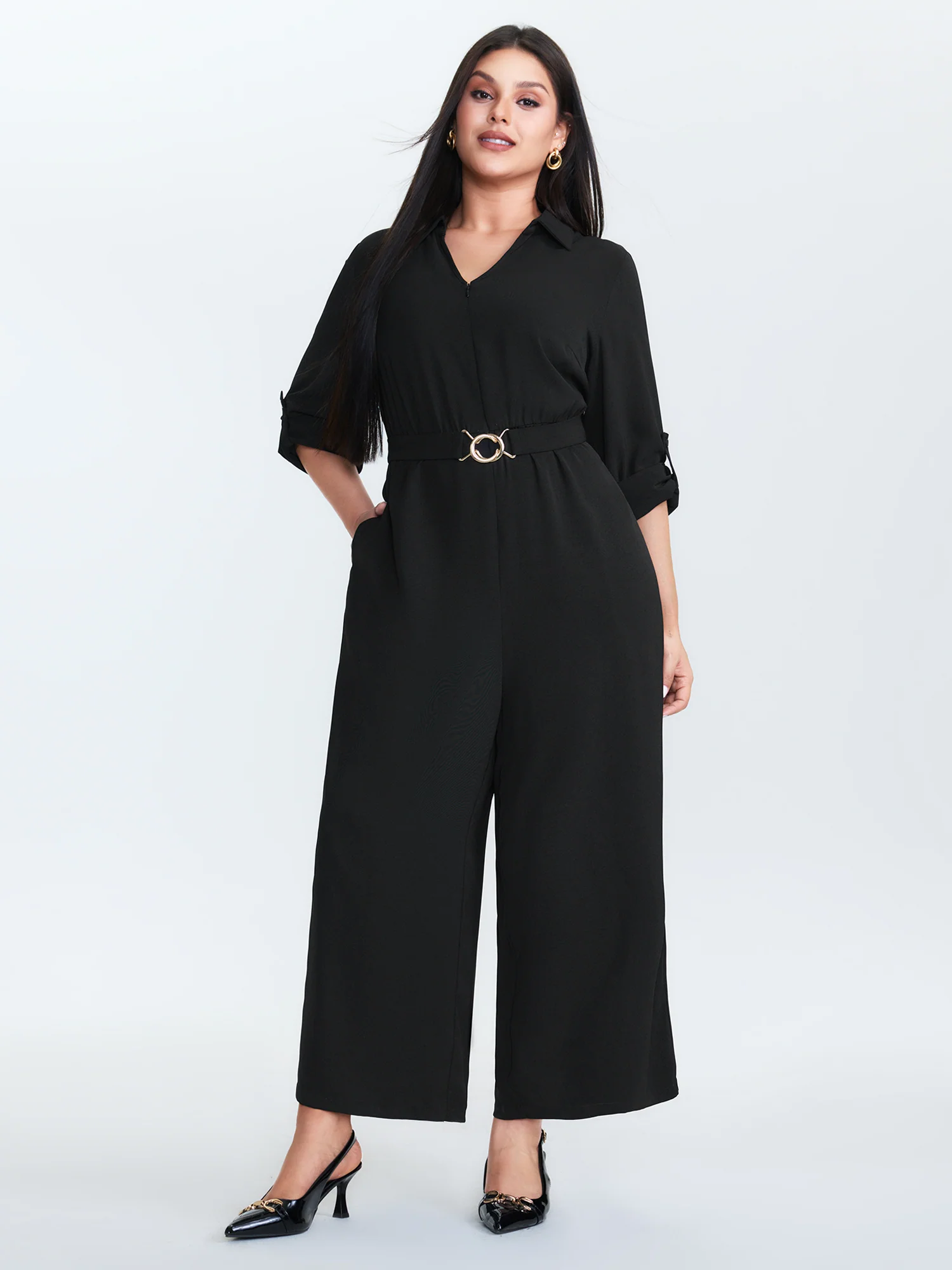 Belted Collar Stretchy Waist Jumpsuit - Image 3
