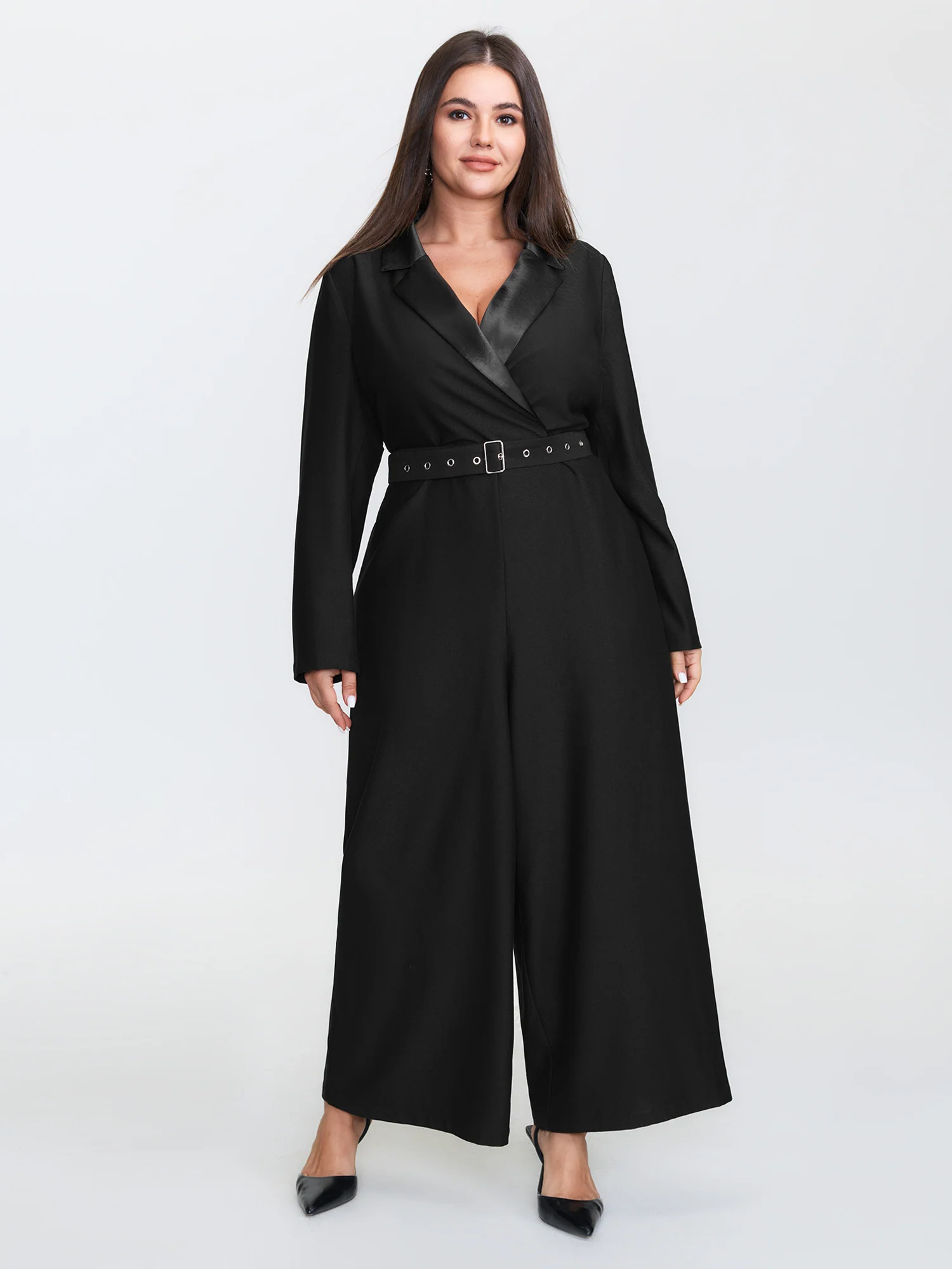 Belted Contrast Collar Plain Jumpsuit - Image 3