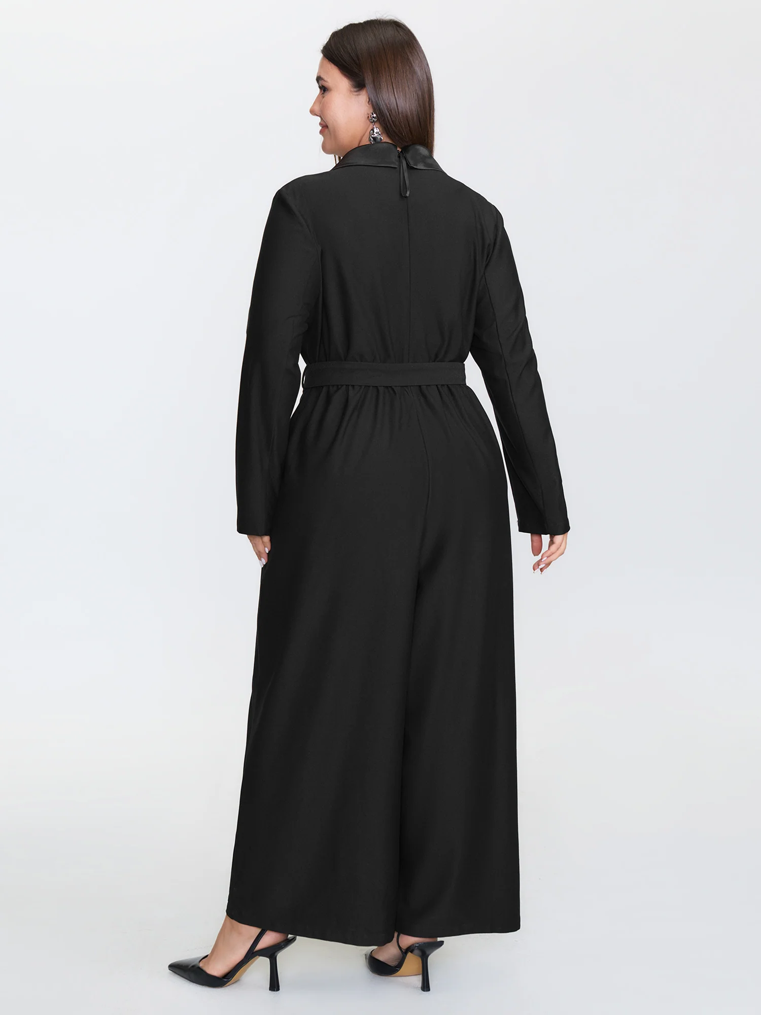 Belted Contrast Collar Plain Jumpsuit - Image 4