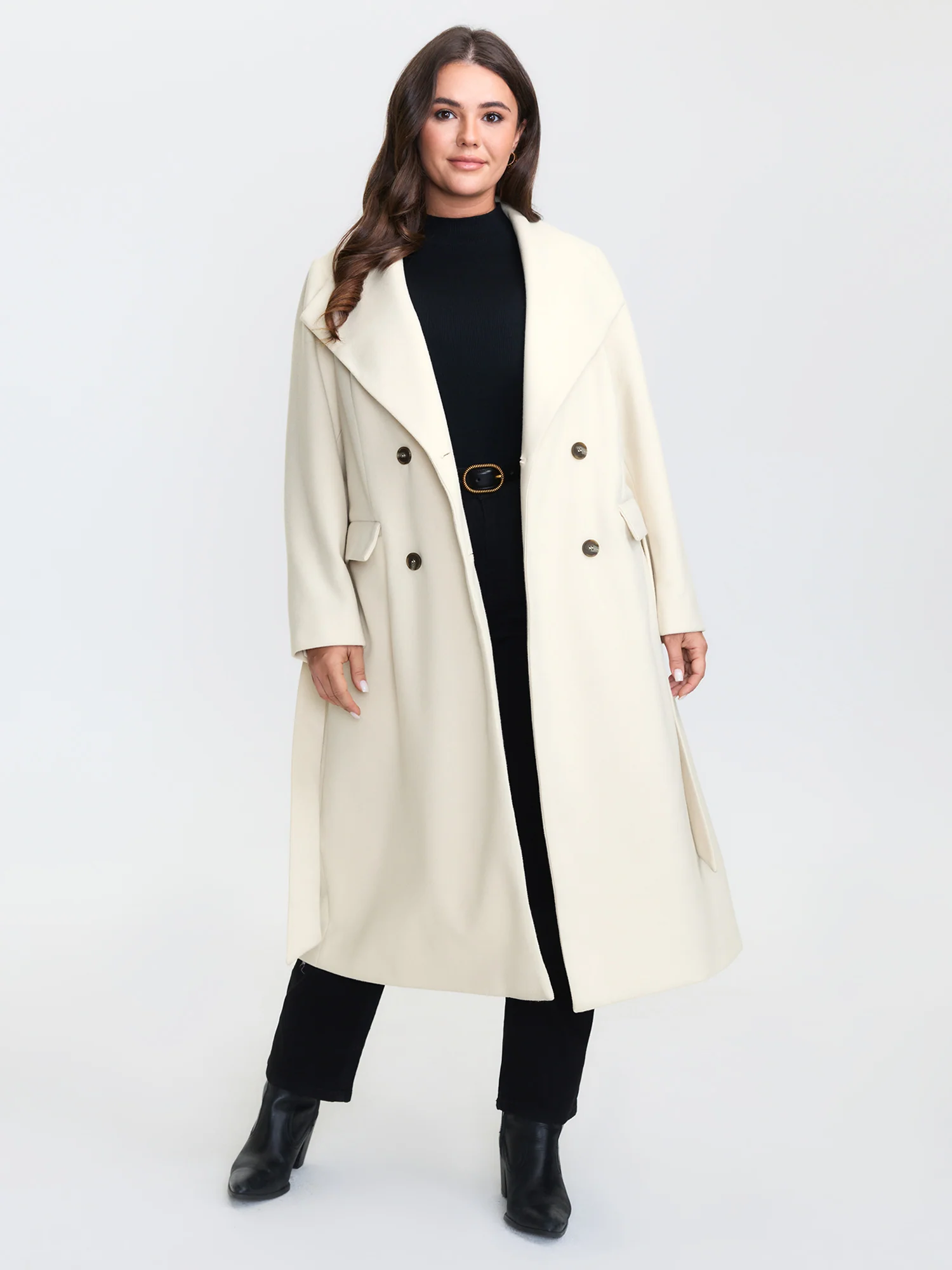 Belted Lapel Collar Double Button Coat - Image 3