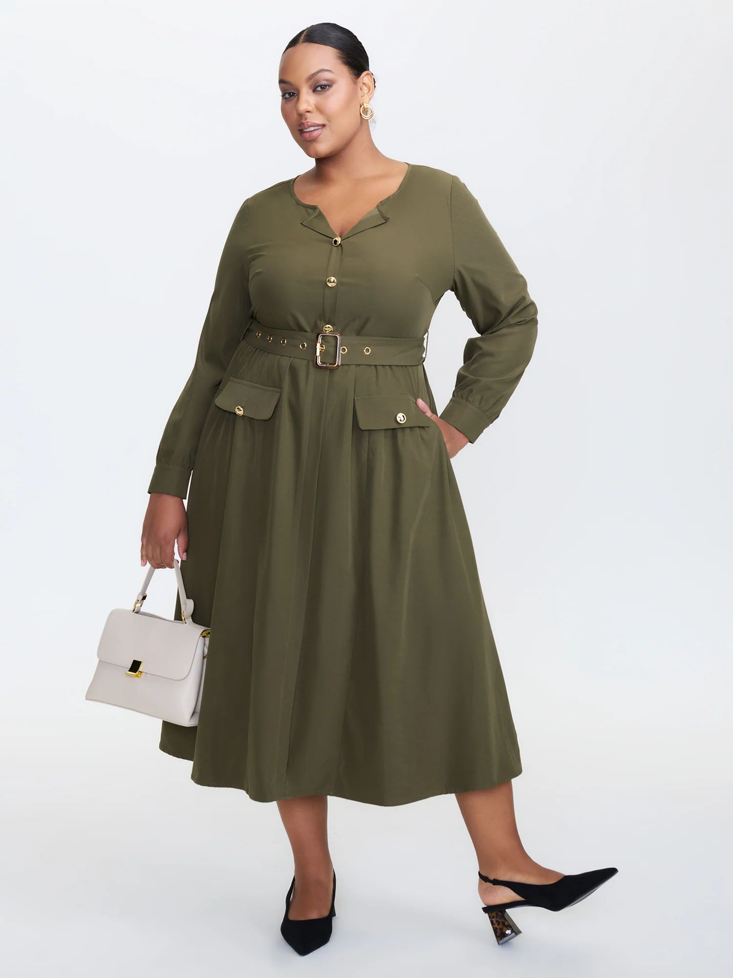 Belted Waist Buttons Pockets Midi Dress - Image 3
