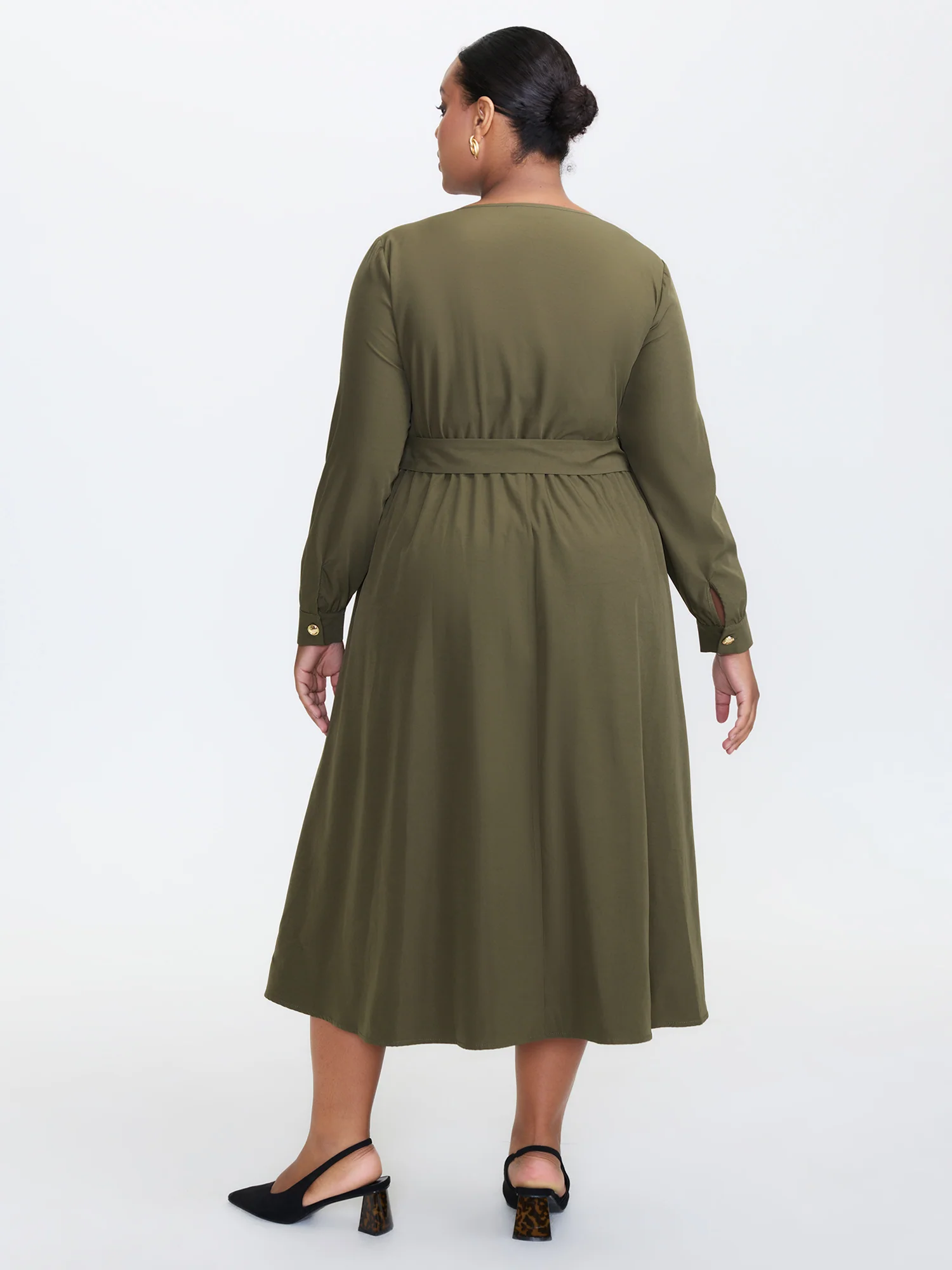 Belted Waist Buttons Pockets Midi Dress - Image 4
