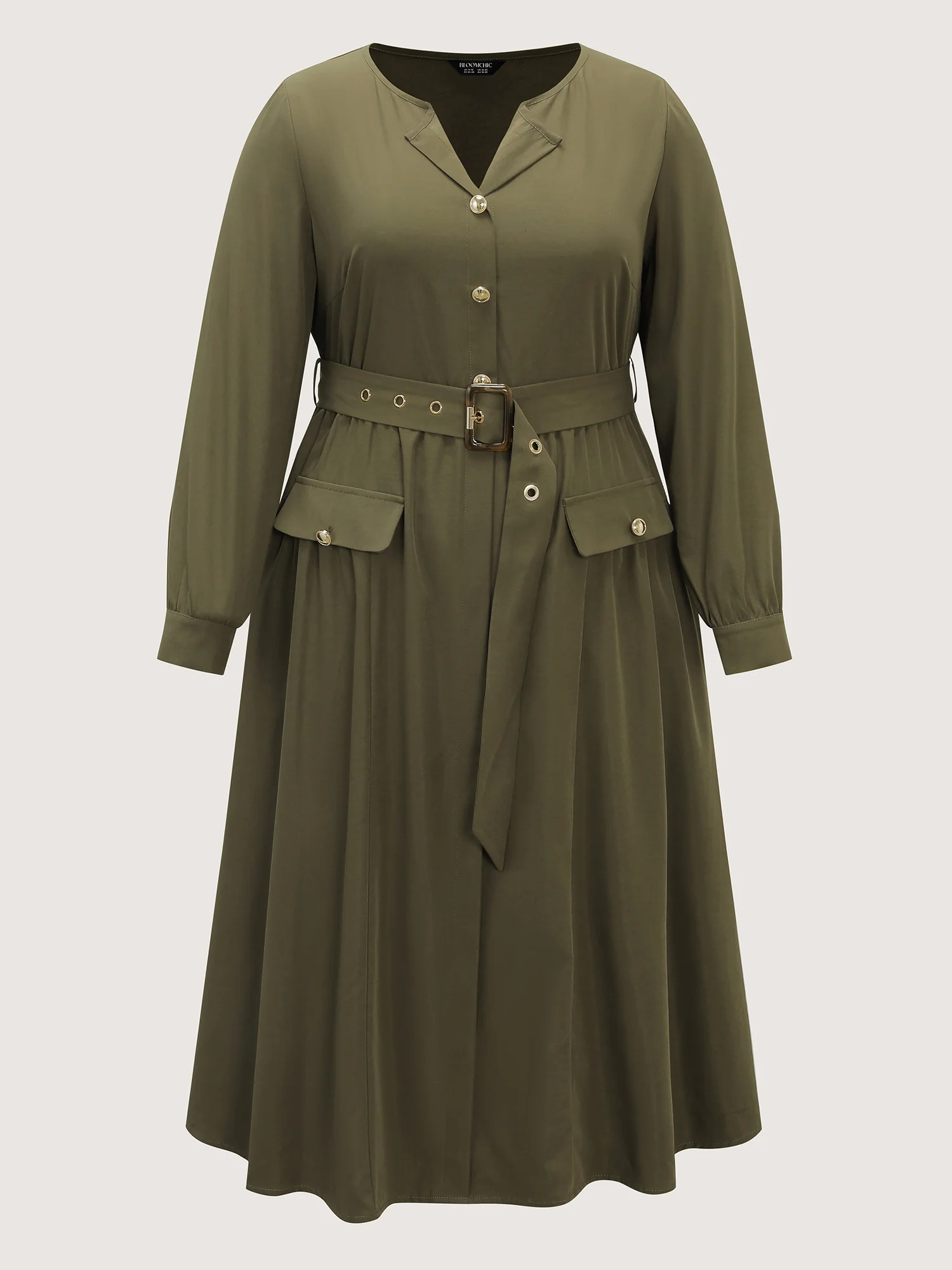 Belted Waist Buttons Pockets Midi Dress - Image 7