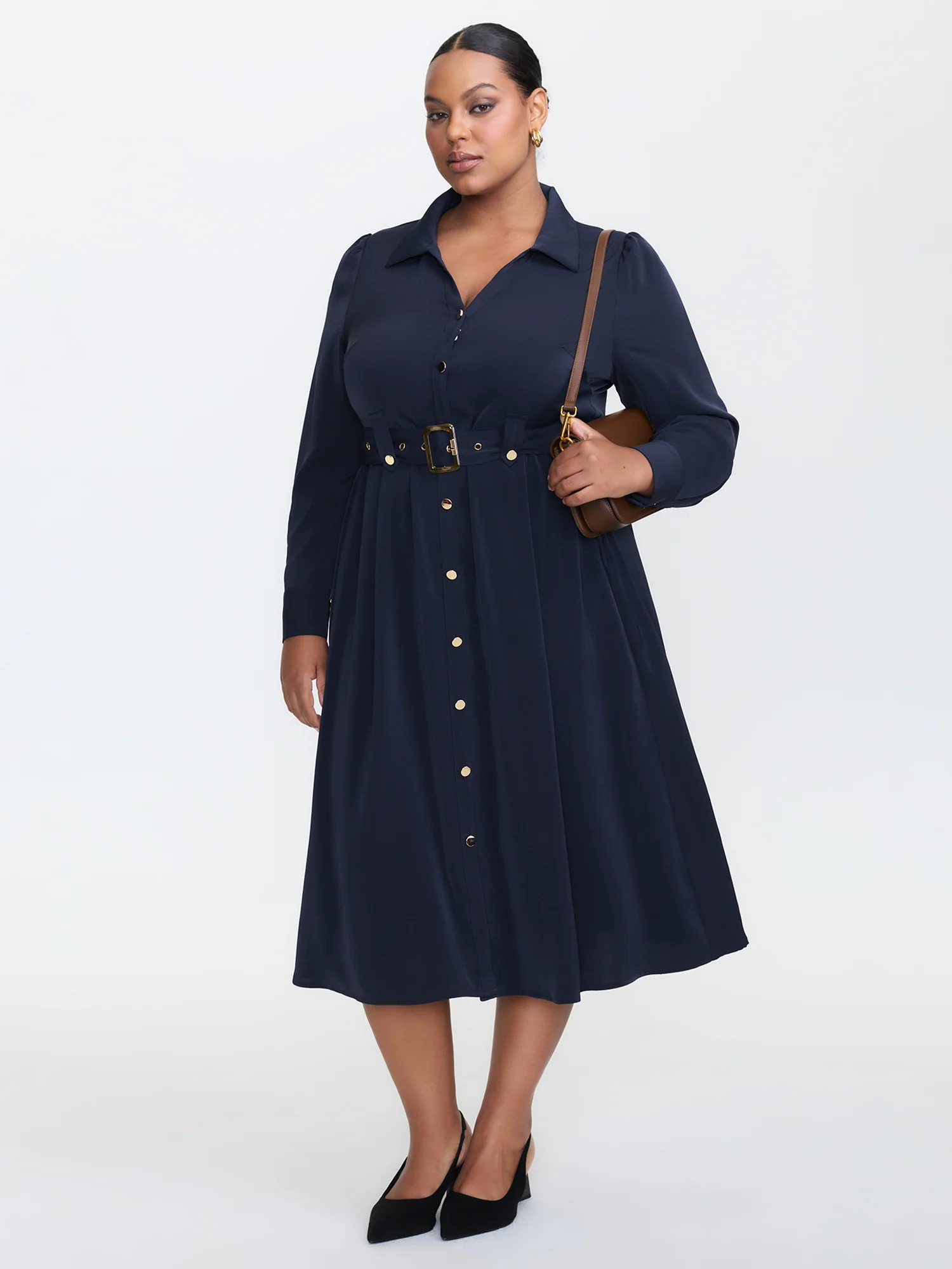 Belted Waist Solid Midi Shirt Dress - Image 3