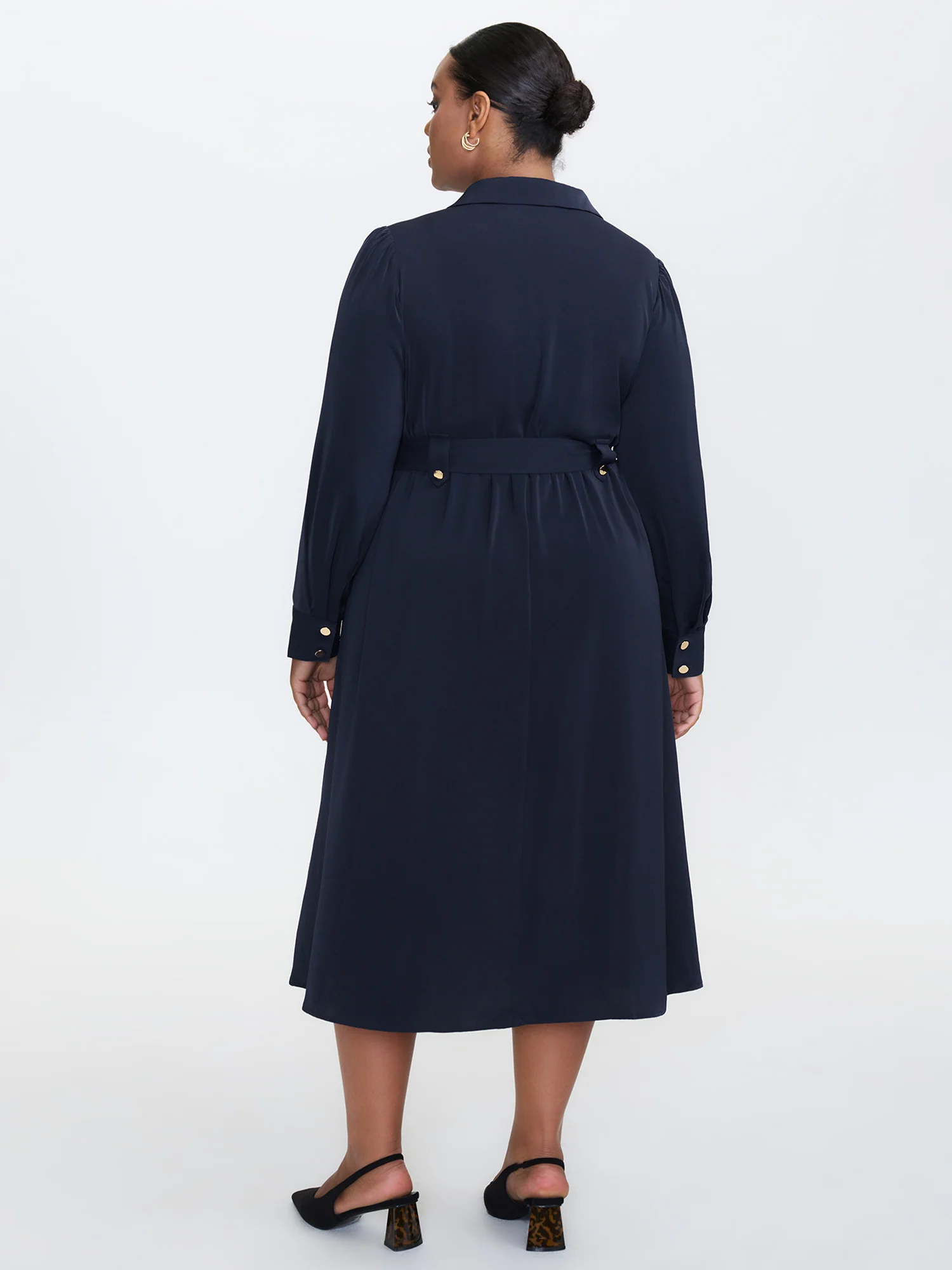 Belted Waist Solid Midi Shirt Dress - Image 4