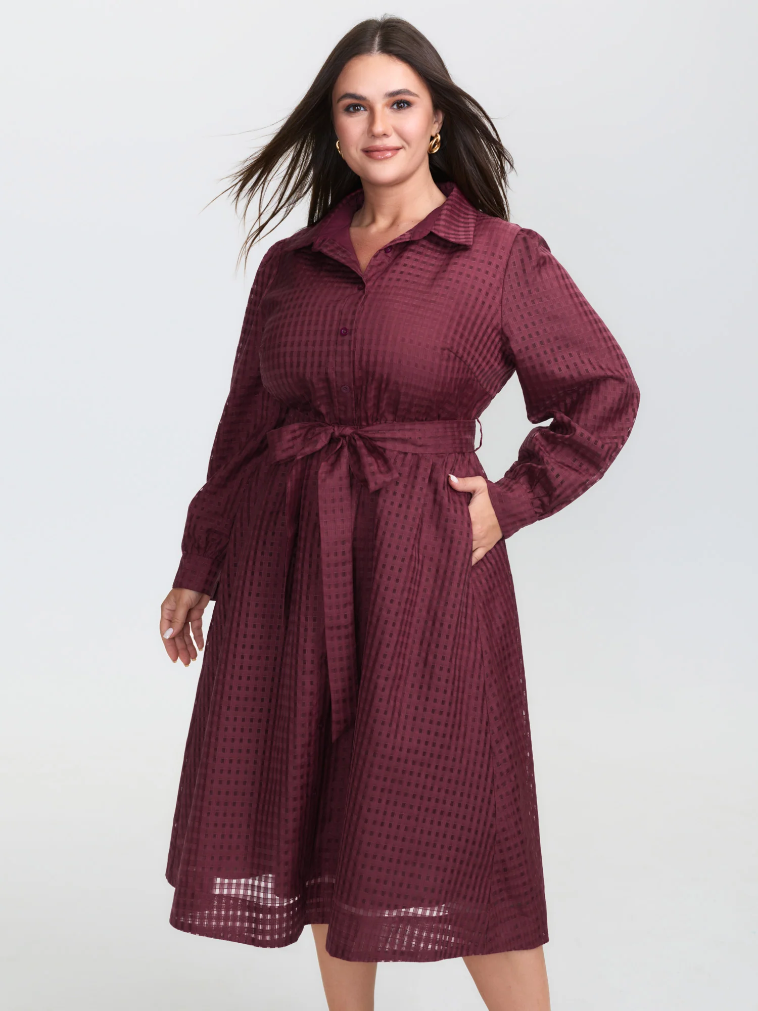 Belted Waist Textured Shirt Midi Dress - Image 2
