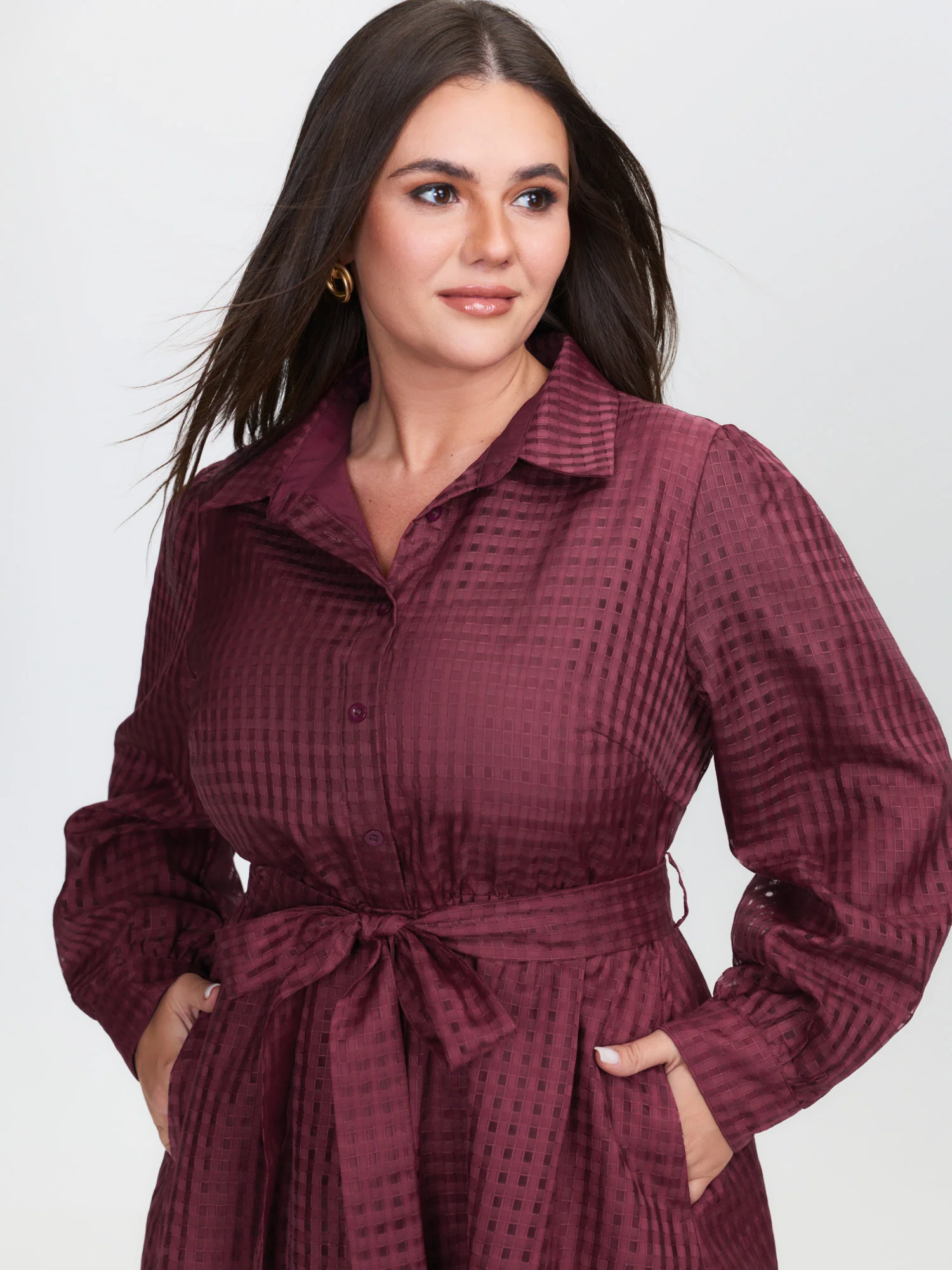 Belted Waist Textured Shirt Midi Dress - Image 3
