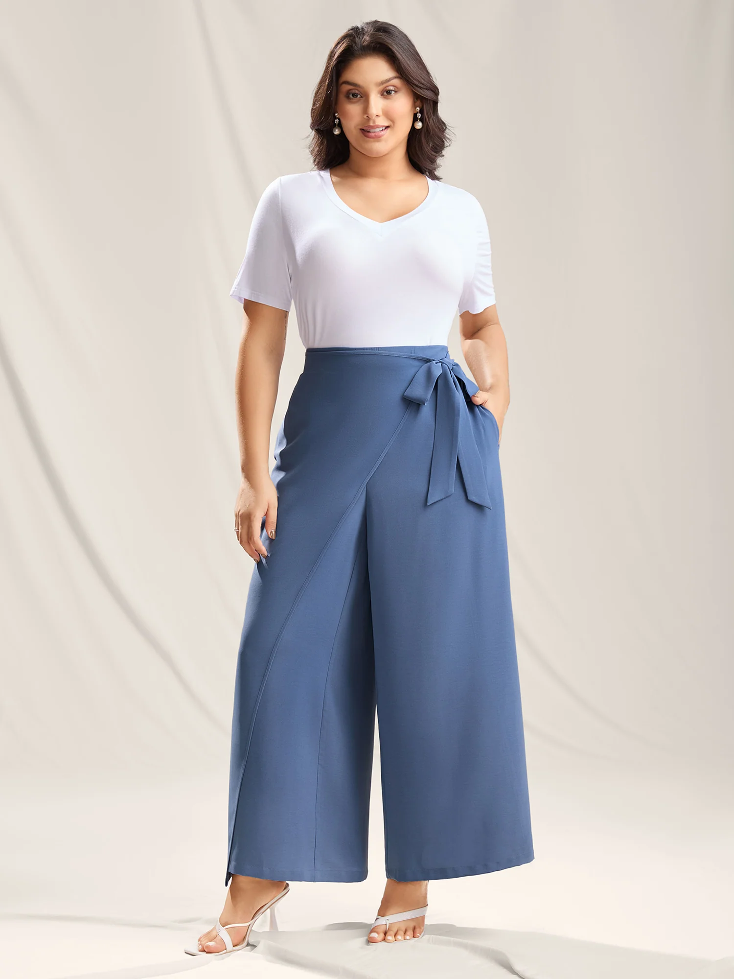 Belted Wrap Detail Wide-Leg Pants - Image 3