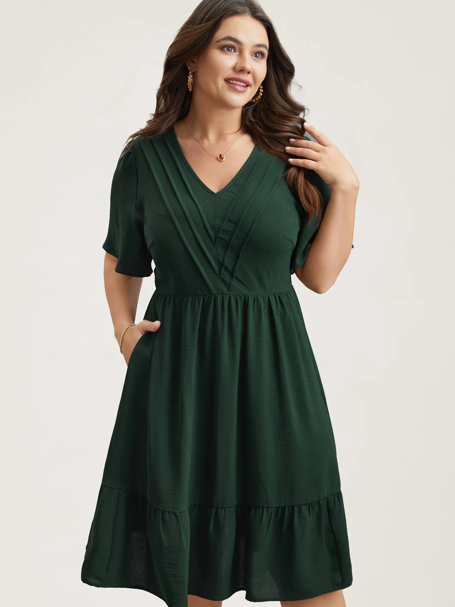 Bib-Front V-Neck Pockets Tiered Mini Dress - Image 2