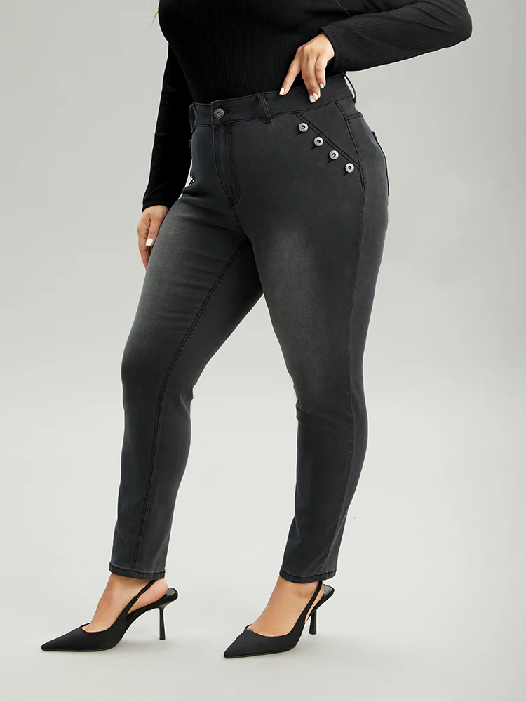 Black Wash Button Detail Skinny Jeans - Image 2