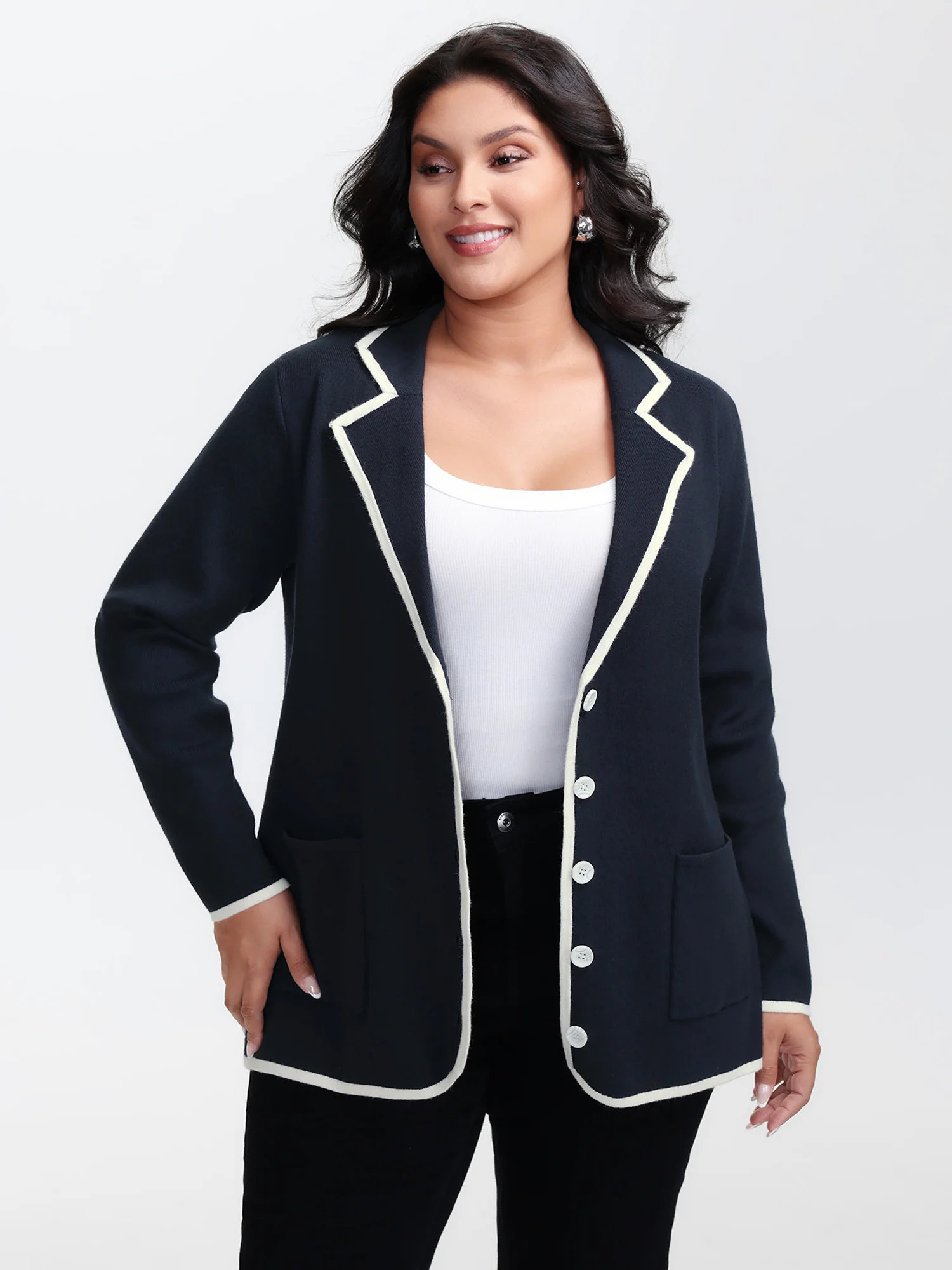 Blazer Collar Pockets Color Contrast Knit Cardigan - Image 2