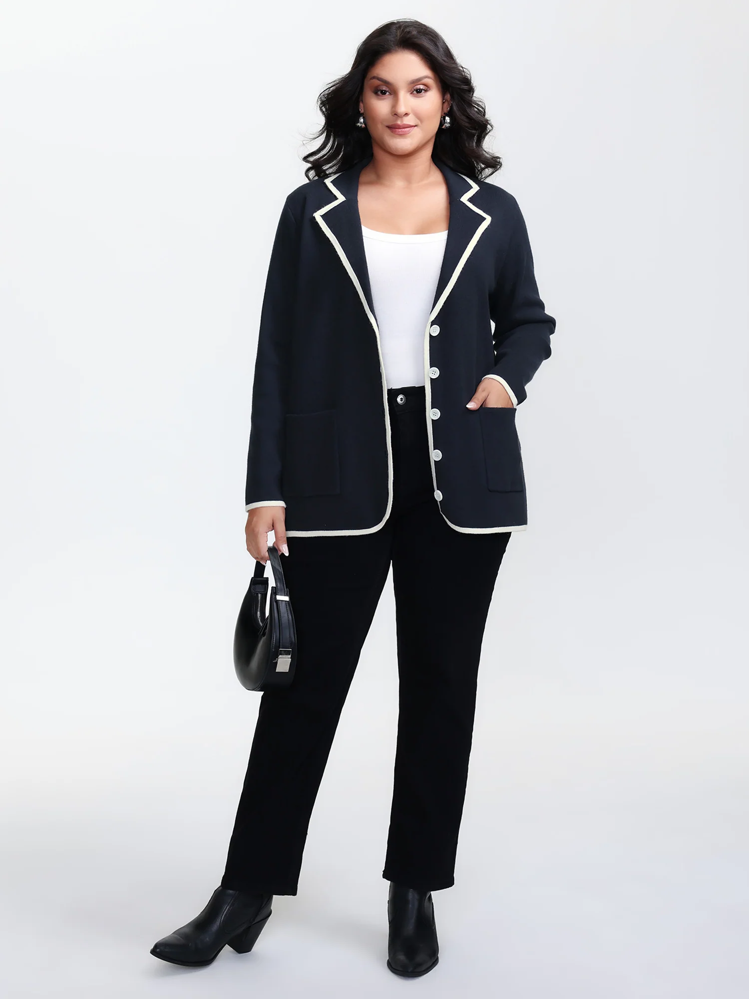 Blazer Collar Pockets Color Contrast Knit Cardigan - Image 3