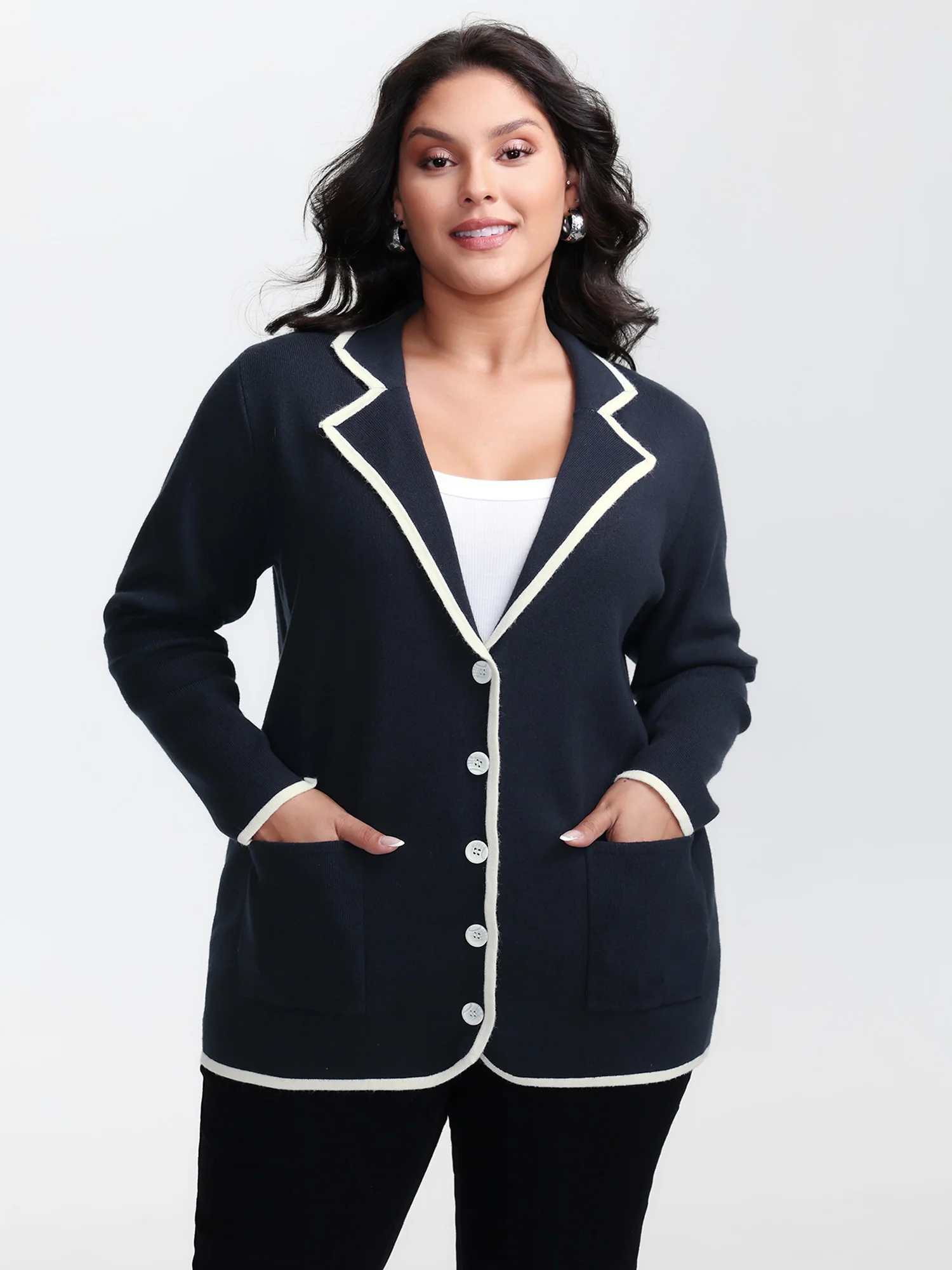Blazer Collar Pockets Color Contrast Knit Cardigan - Image 4