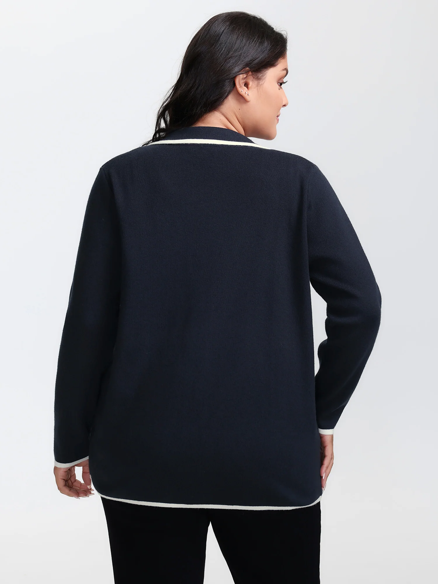 Blazer Collar Pockets Color Contrast Knit Cardigan - Image 5