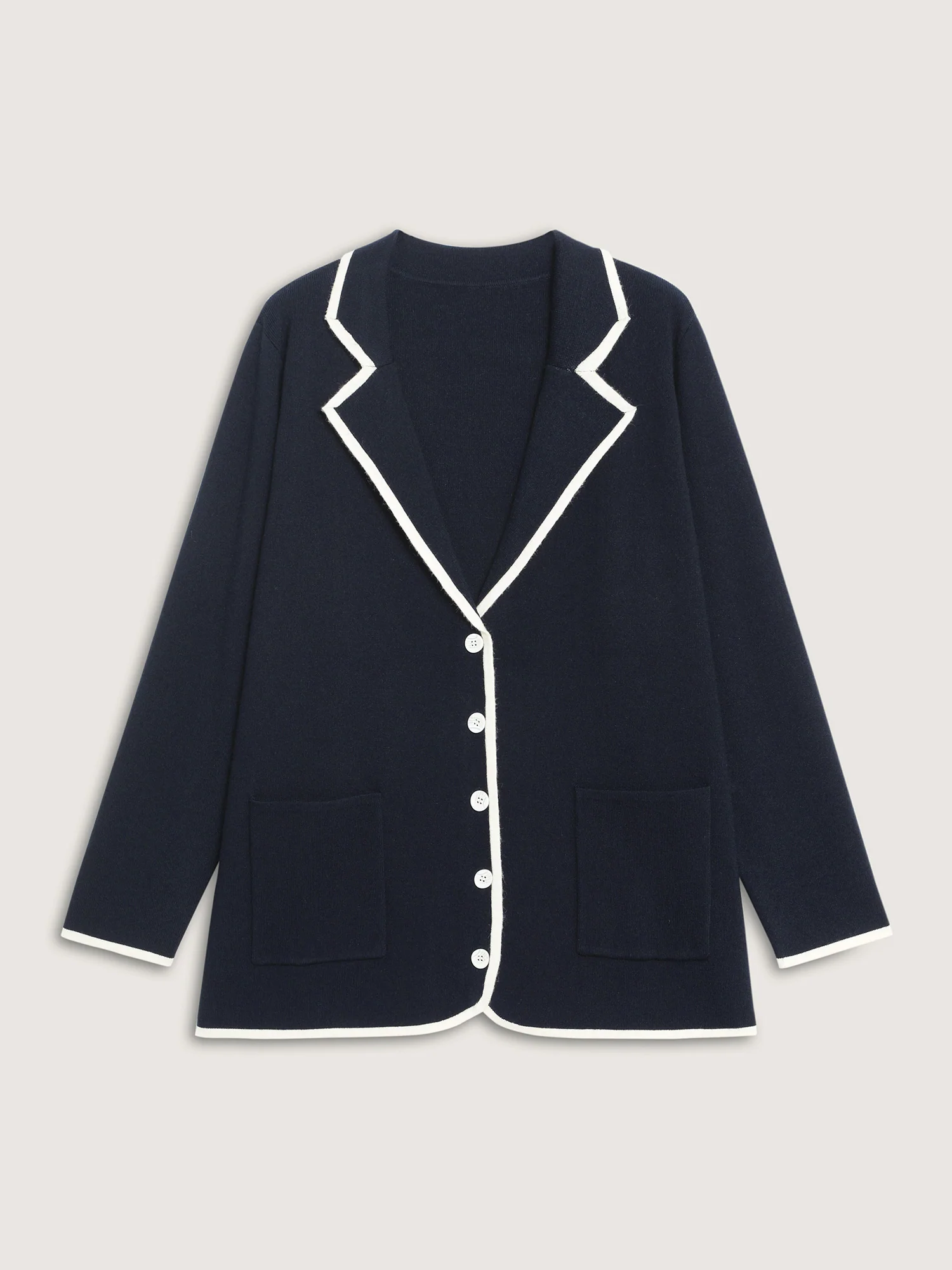 Blazer Collar Pockets Color Contrast Knit Cardigan - Image 9