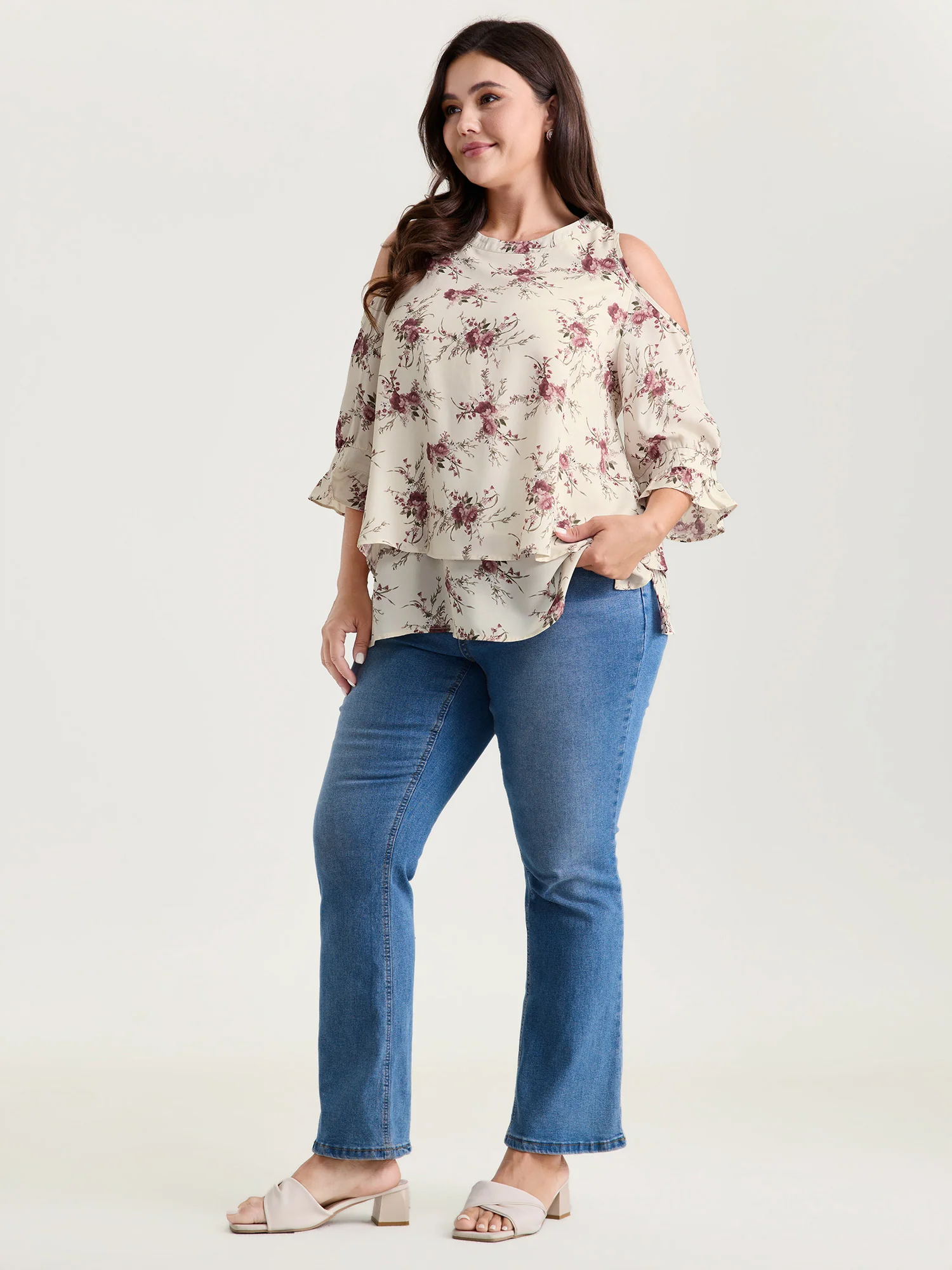Blooming Floral Layered Hem Cut-Out Shoulder Blouse - Image 3