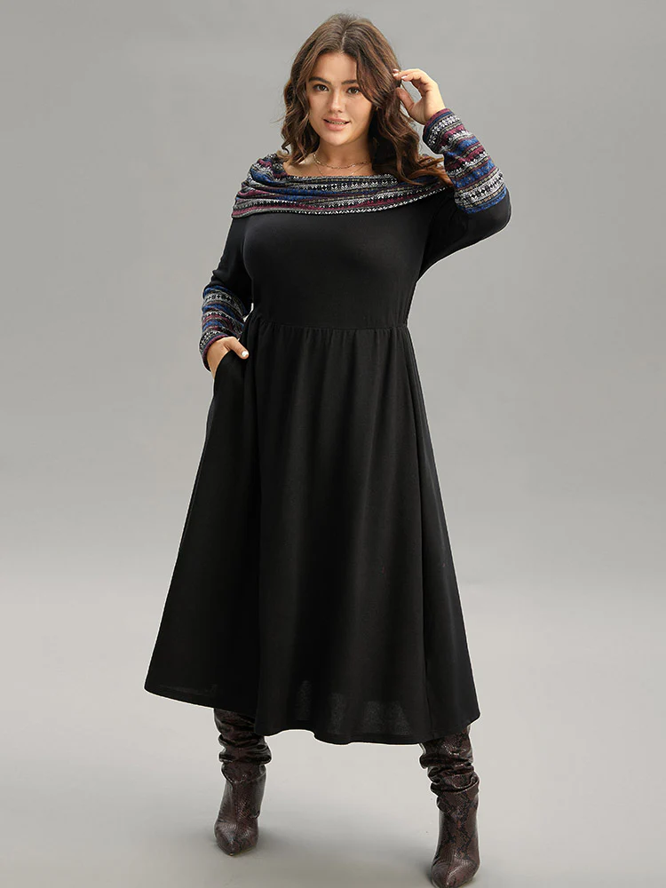 Boat Neck Striped Contrast Gathered Dress - Image 2