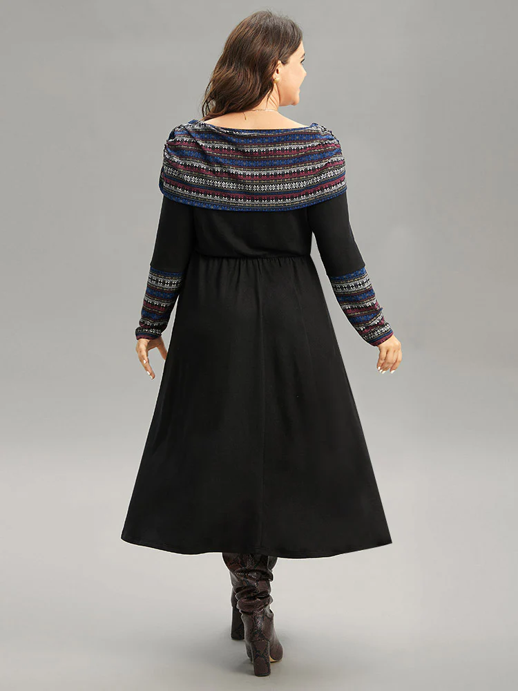 Boat Neck Striped Contrast Gathered Dress - Image 3
