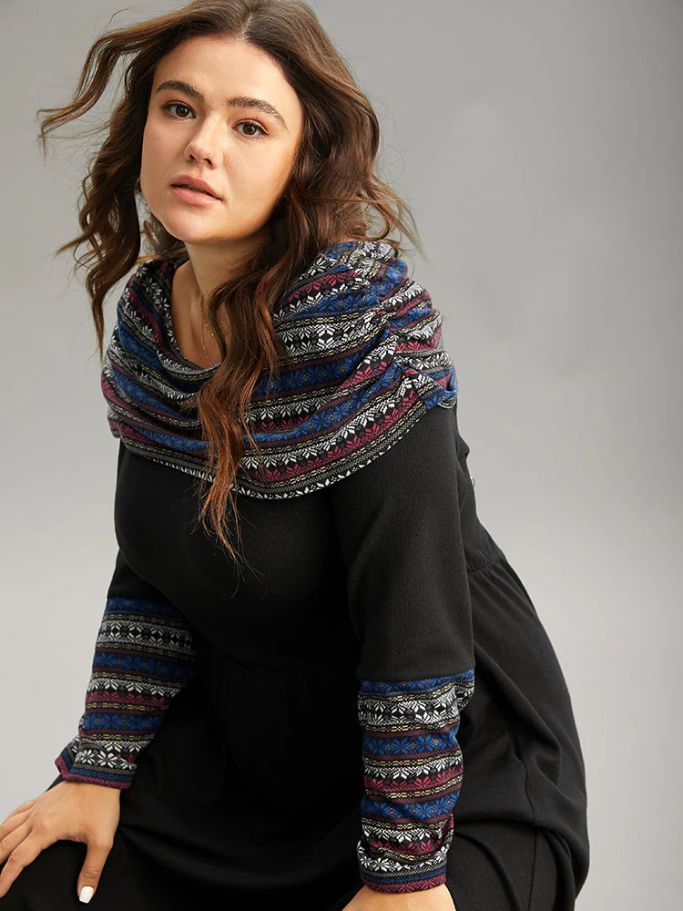 Boat Neck Striped Contrast Gathered Dress - Image 4