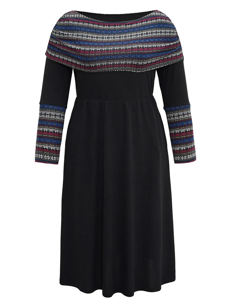 Boat Neck Striped Contrast Gathered Dress - Image 5