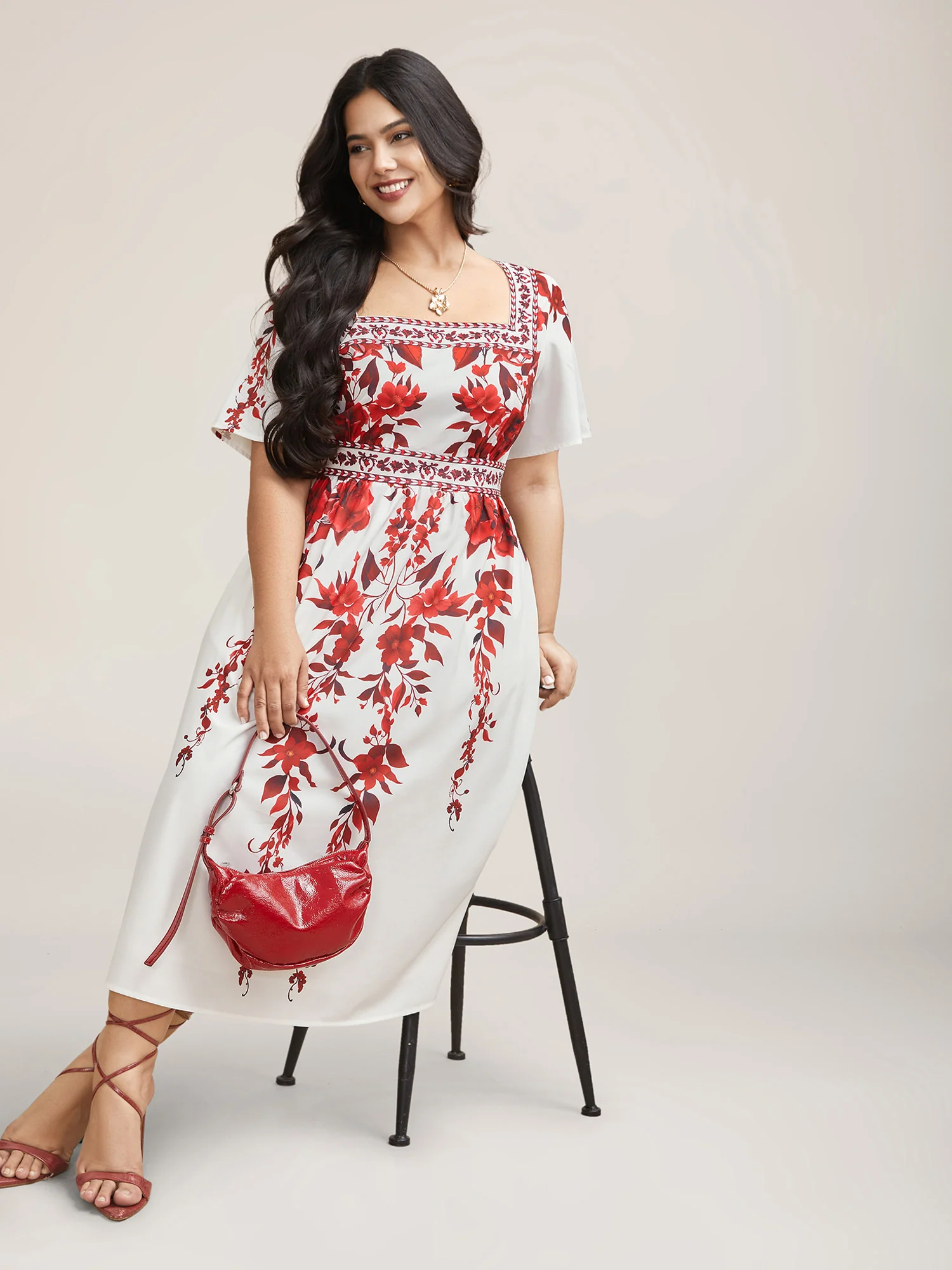 Bohemian Floral Print Stretchy Waist Midi Dress - Image 2
