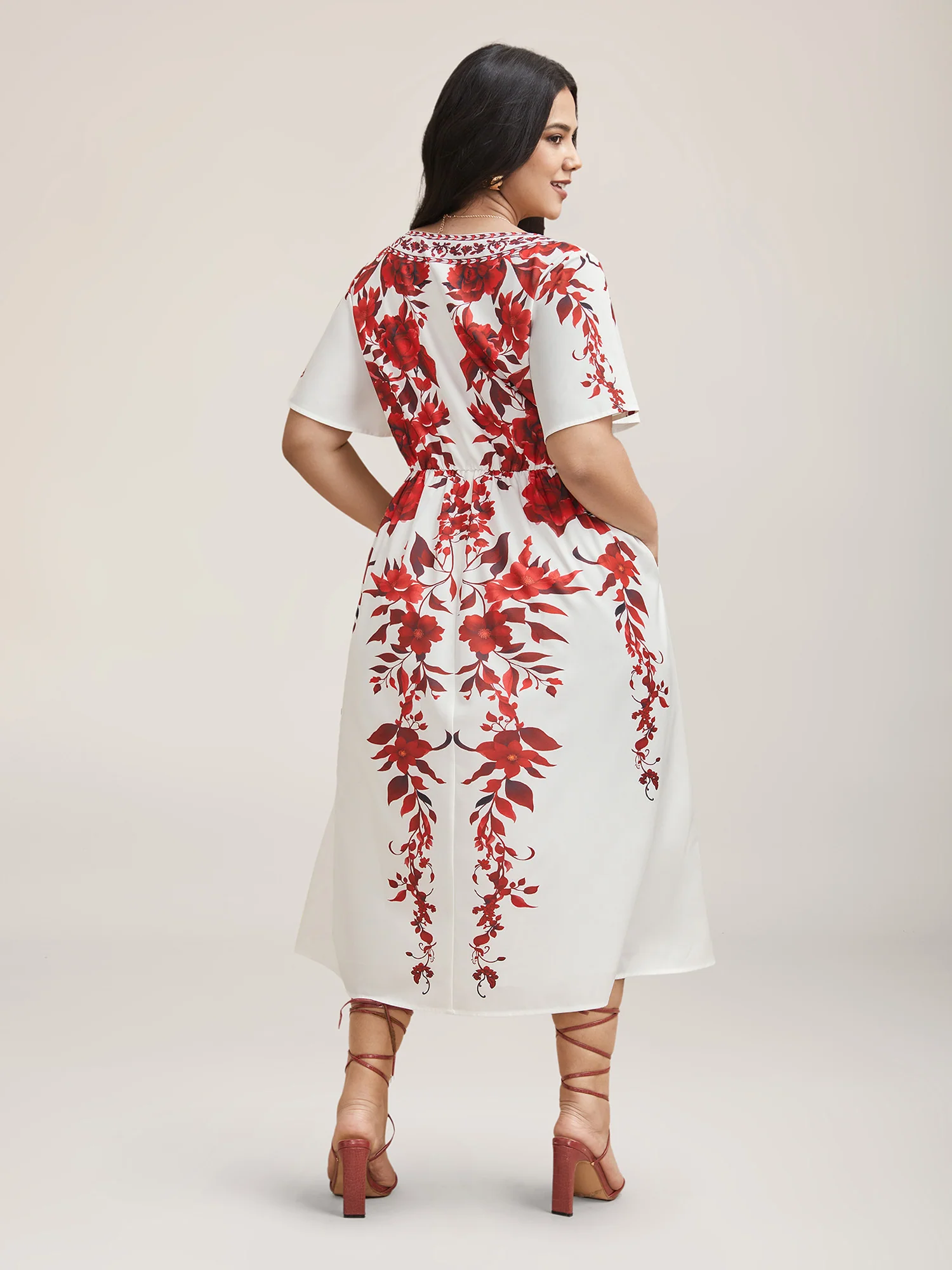 Bohemian Floral Print Stretchy Waist Midi Dress - Image 4