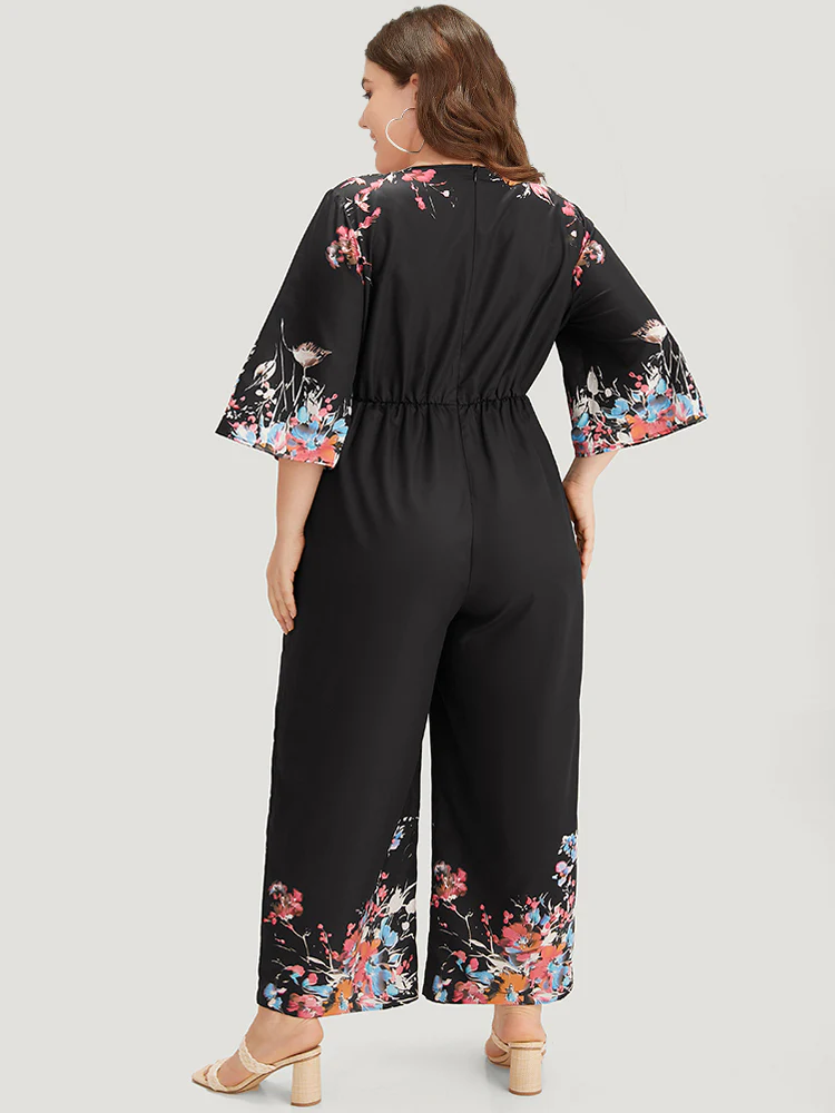 Boho Print Drawstring Pocket Flutter Sleeve Jumpsuit - Image 2