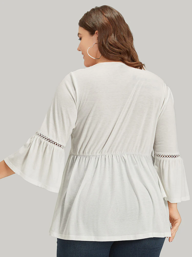 Boho Print Embroidered V Neck Gathered Bell Sleeve T-shirt - Image 2