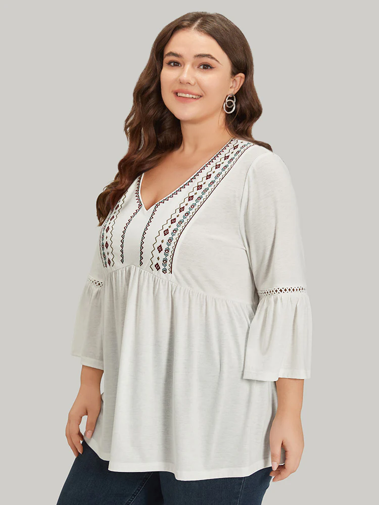 Boho Print Embroidered V Neck Gathered Bell Sleeve T-shirt - Image 3
