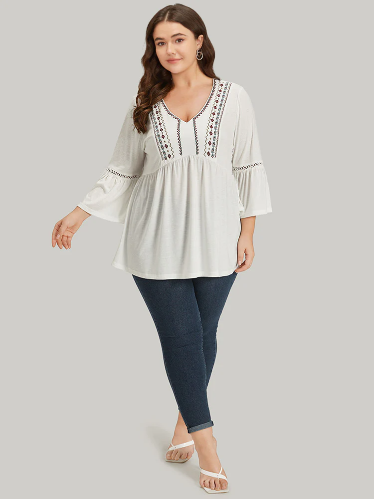 Boho Print Embroidered V Neck Gathered Bell Sleeve T-shirt - Image 4