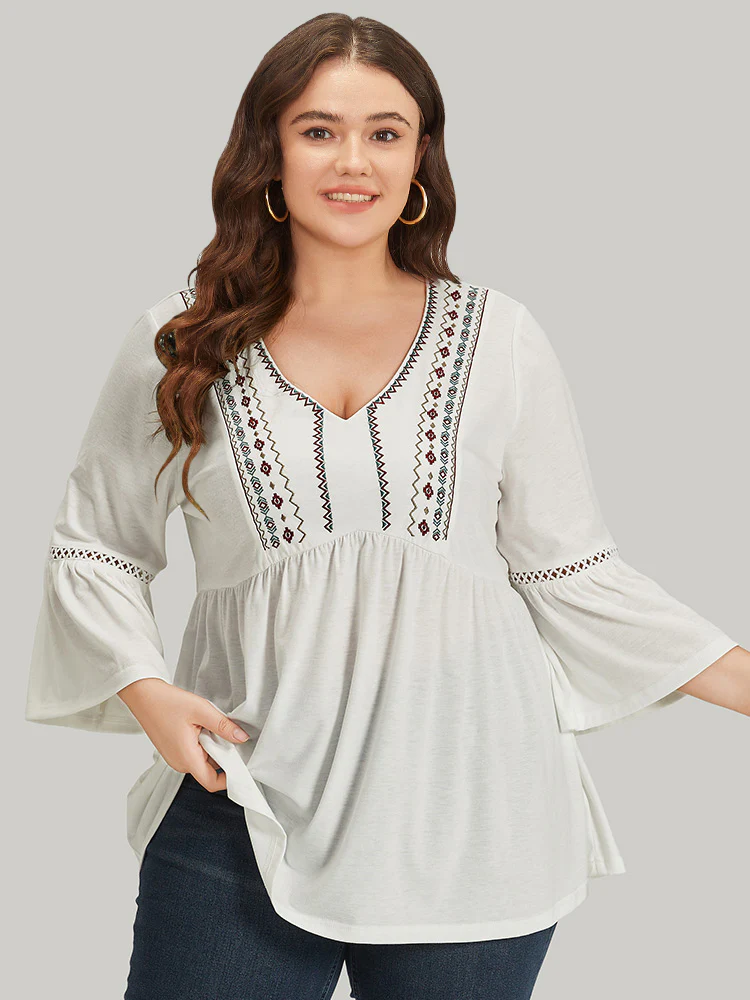 Boho Print Embroidered V Neck Gathered Bell Sleeve T-shirt - Image 5