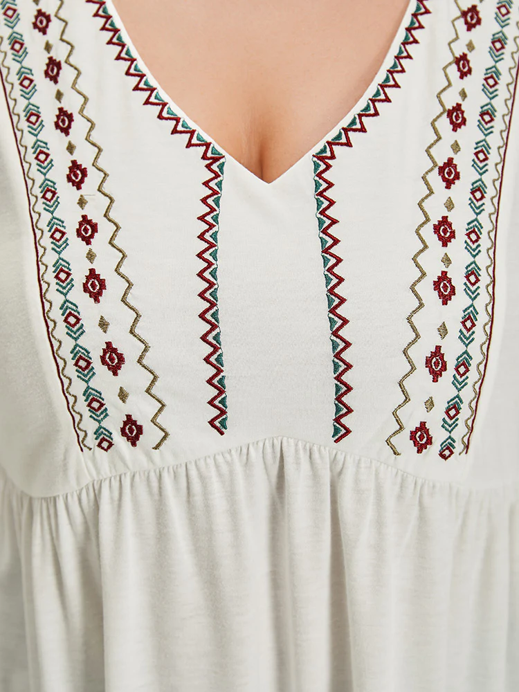 Boho Print Embroidered V Neck Gathered Bell Sleeve T-shirt - Image 6