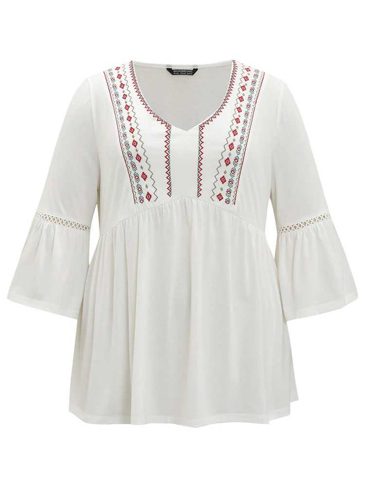 Boho Print Embroidered V Neck Gathered Bell Sleeve T-shirt - Image 8