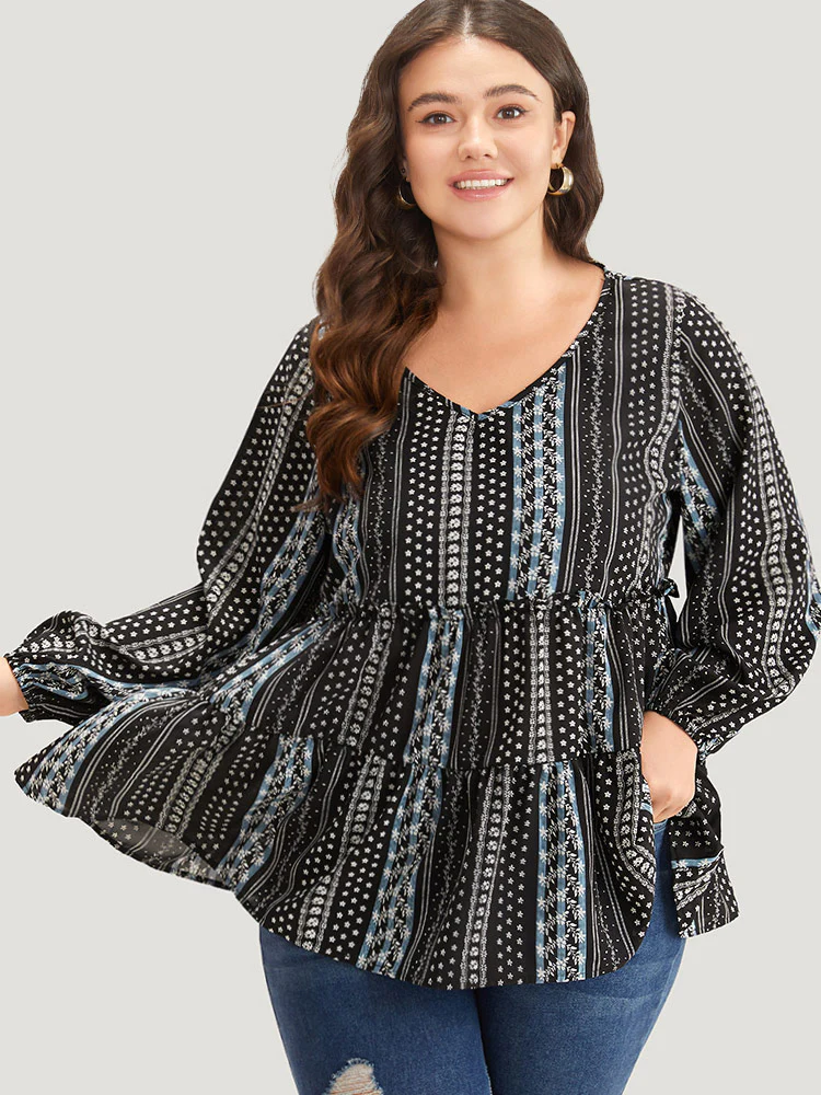 Boho Print Frill Trim Ruffle Layered Hem Blouse - Image 2