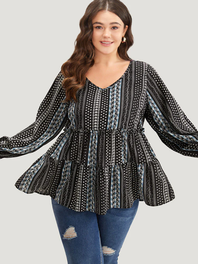 Boho Print Frill Trim Ruffle Layered Hem Blouse - Image 3