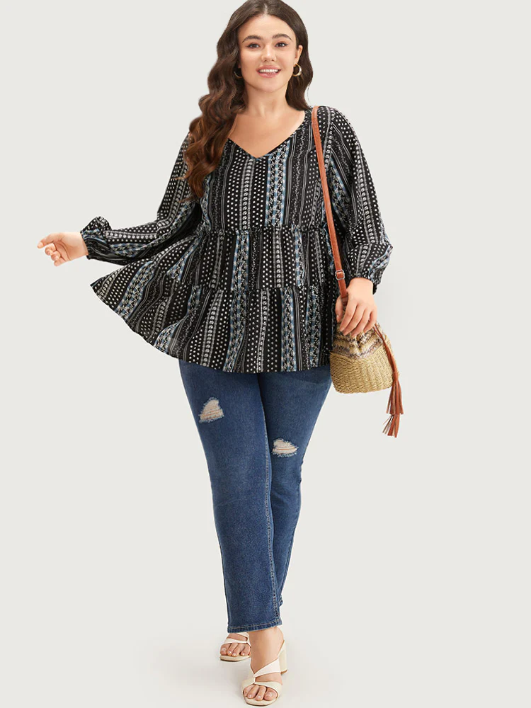 Boho Print Frill Trim Ruffle Layered Hem Blouse - Image 4