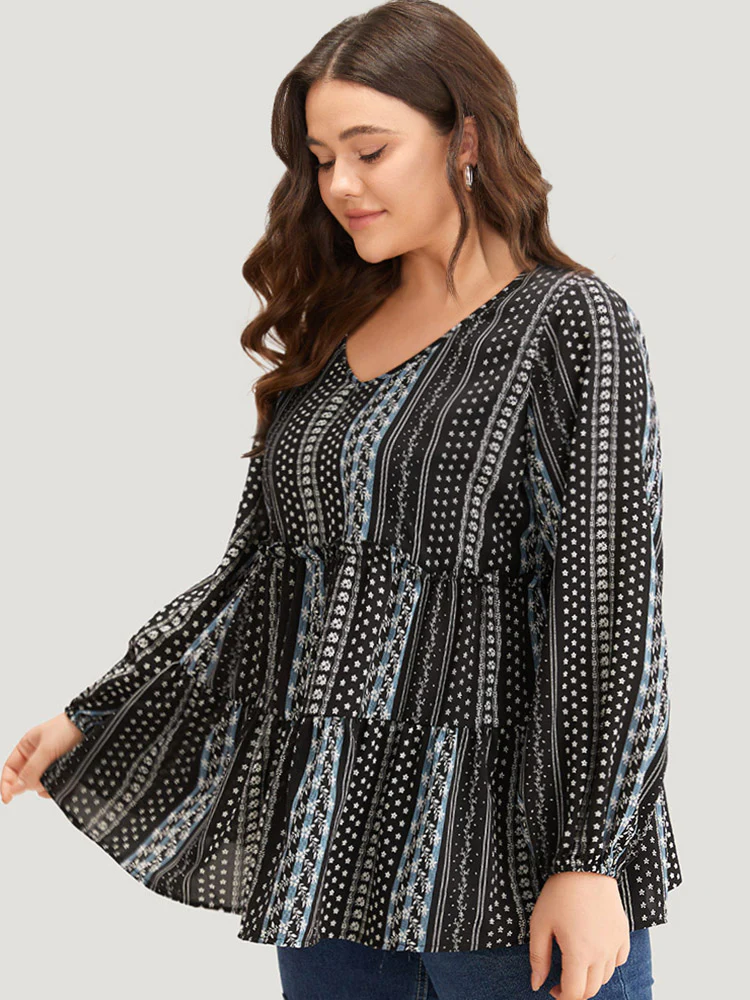 Boho Print Frill Trim Ruffle Layered Hem Blouse - Image 5
