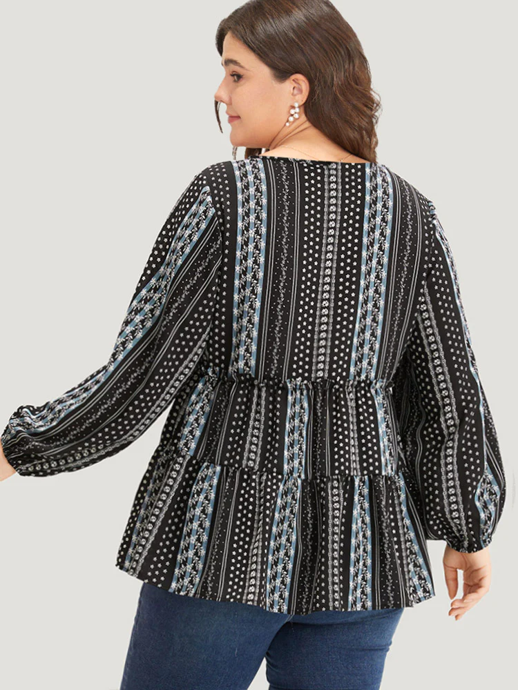 Boho Print Frill Trim Ruffle Layered Hem Blouse - Image 6