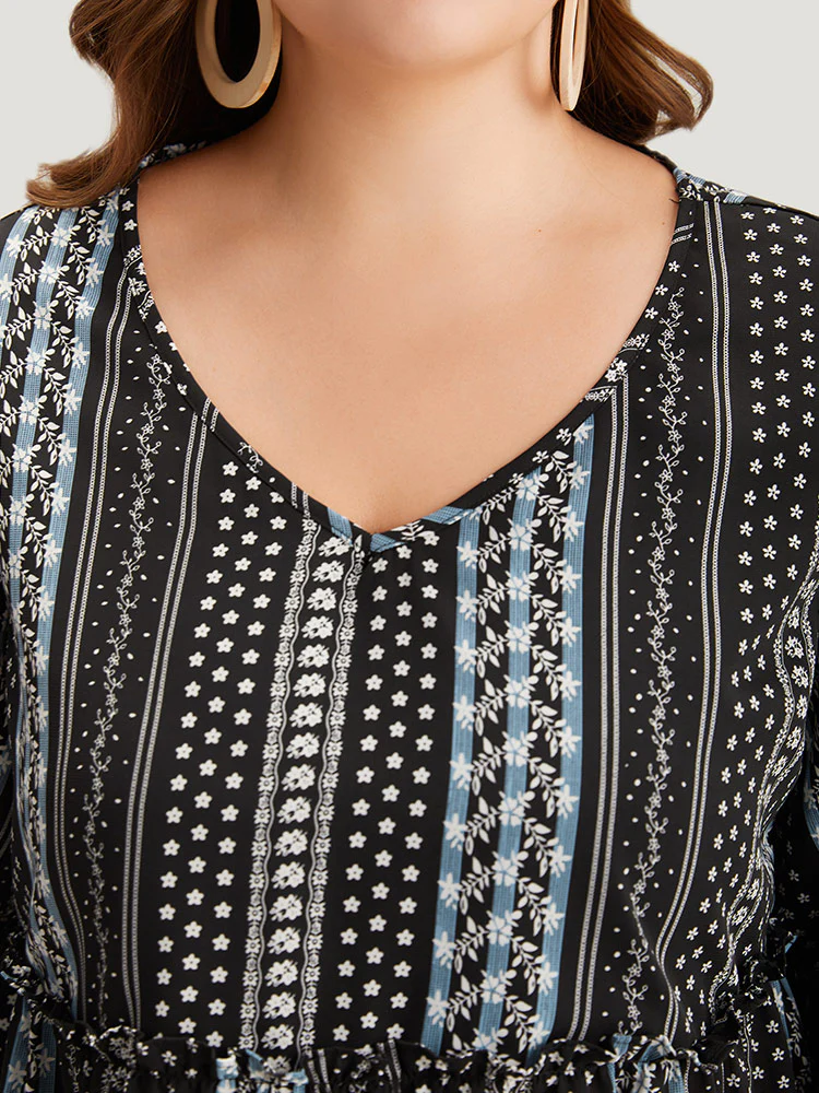 Boho Print Frill Trim Ruffle Layered Hem Blouse - Image 7