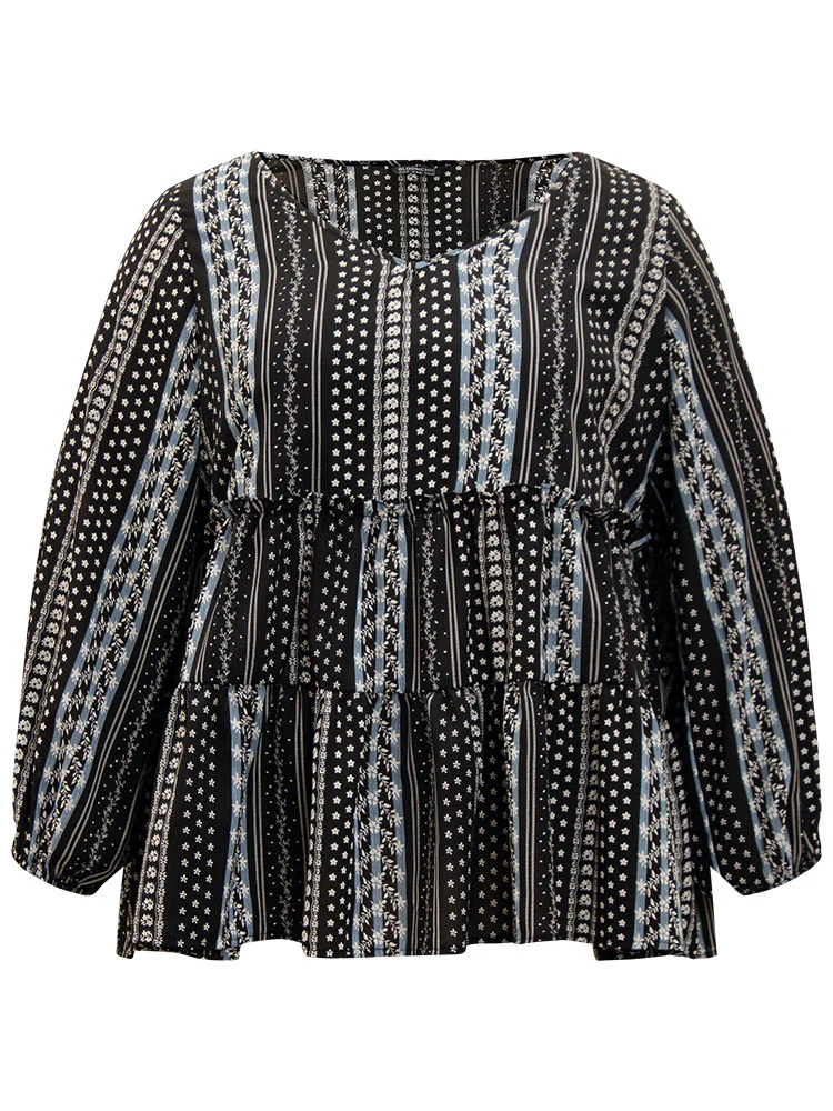Boho Print Frill Trim Ruffle Layered Hem Blouse - Image 9