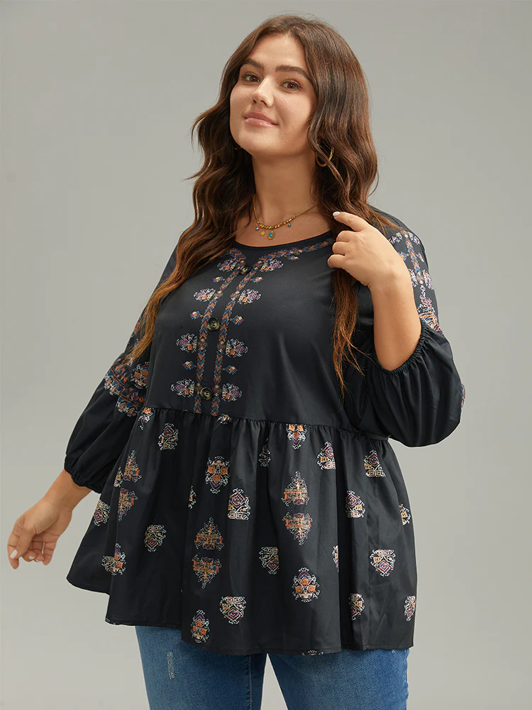 Boho Print Lantern Sleeve Button Detail Blouse - Image 2