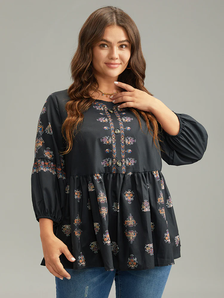Boho Print Lantern Sleeve Button Detail Blouse - Image 3