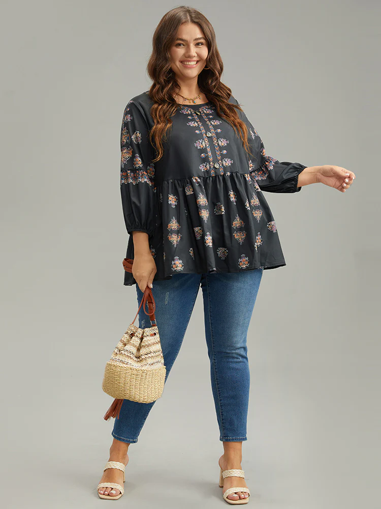 Boho Print Lantern Sleeve Button Detail Blouse - Image 4