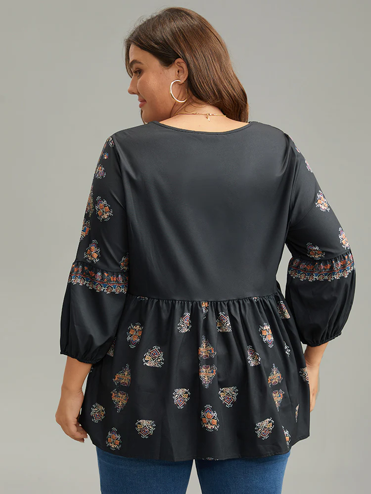 Boho Print Lantern Sleeve Button Detail Blouse - Image 5